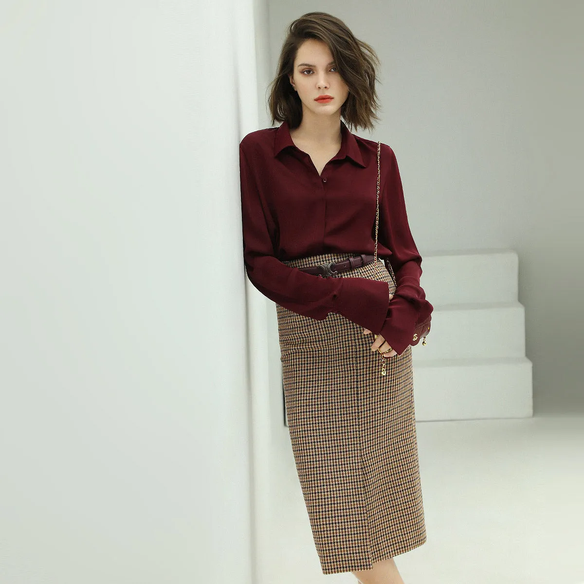 Houndstooth Brown Checkered Wool Skirt