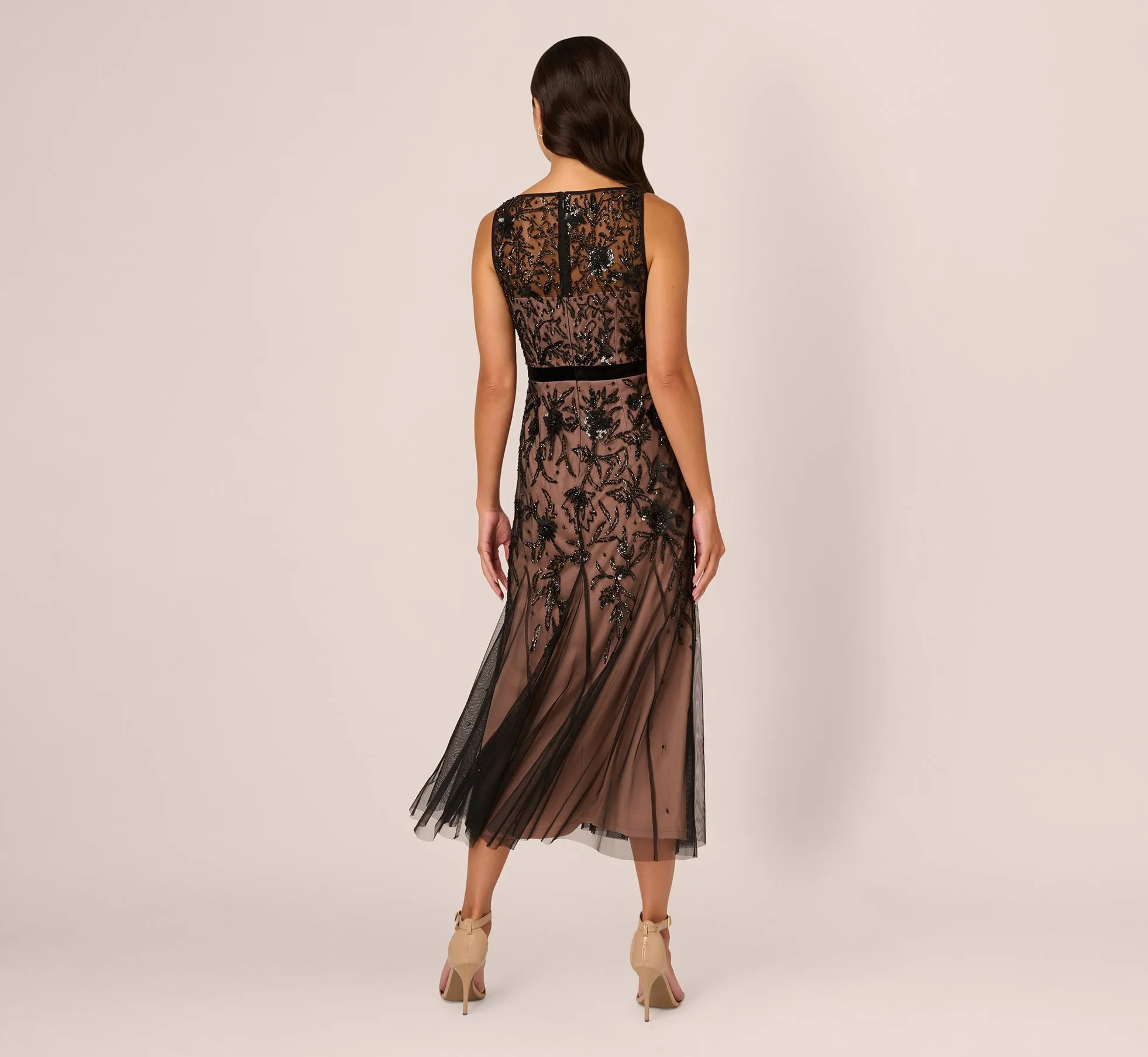 Illusion Neckline Beaded Dress In Black Rosegold