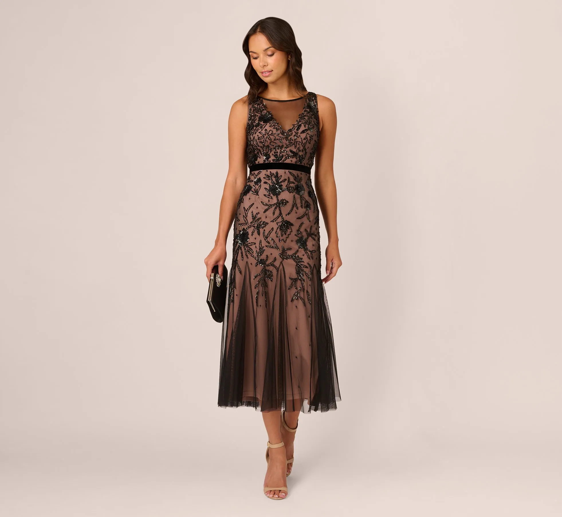 Illusion Neckline Beaded Dress In Black Rosegold