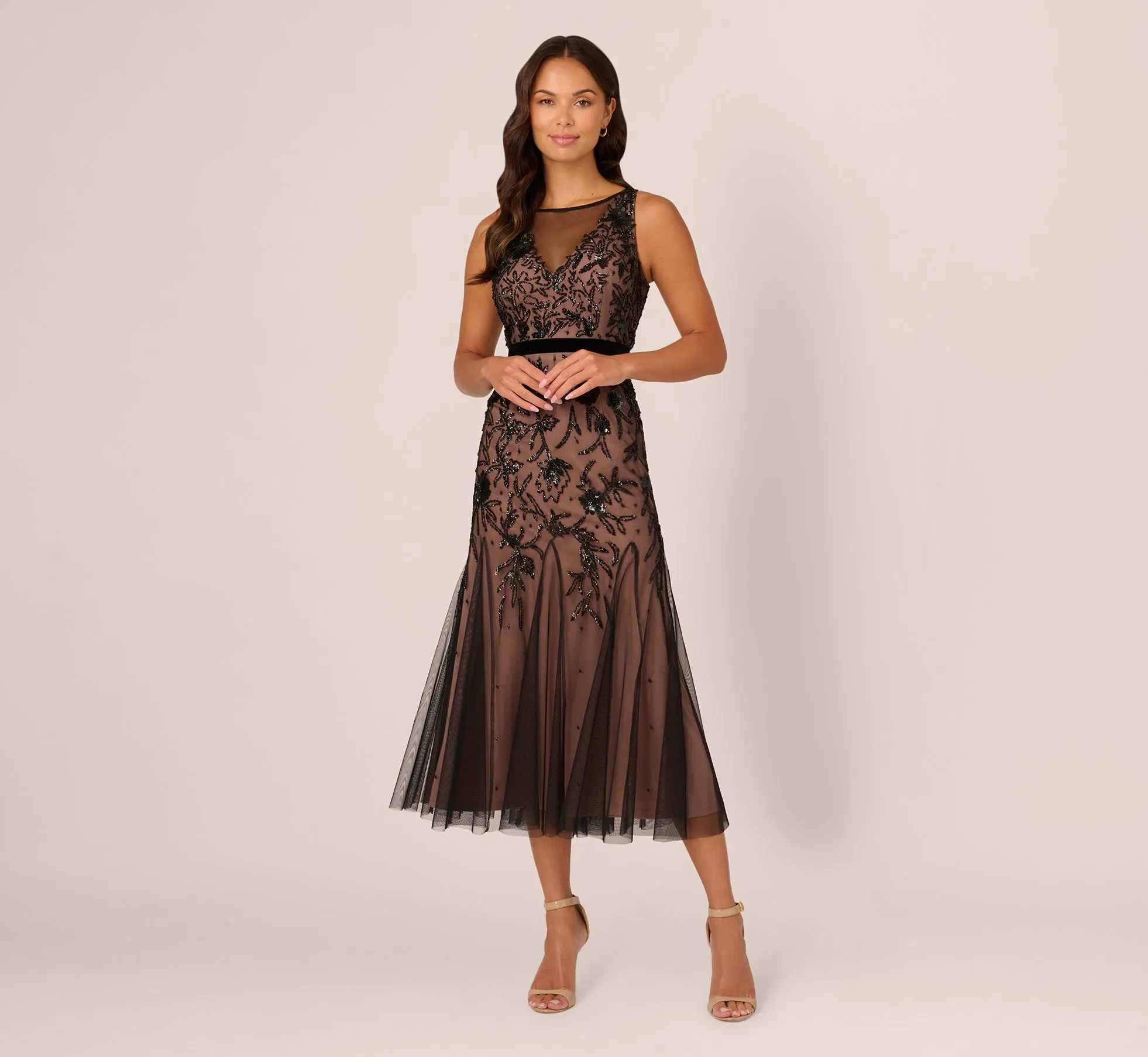 Illusion Neckline Beaded Dress In Black Rosegold