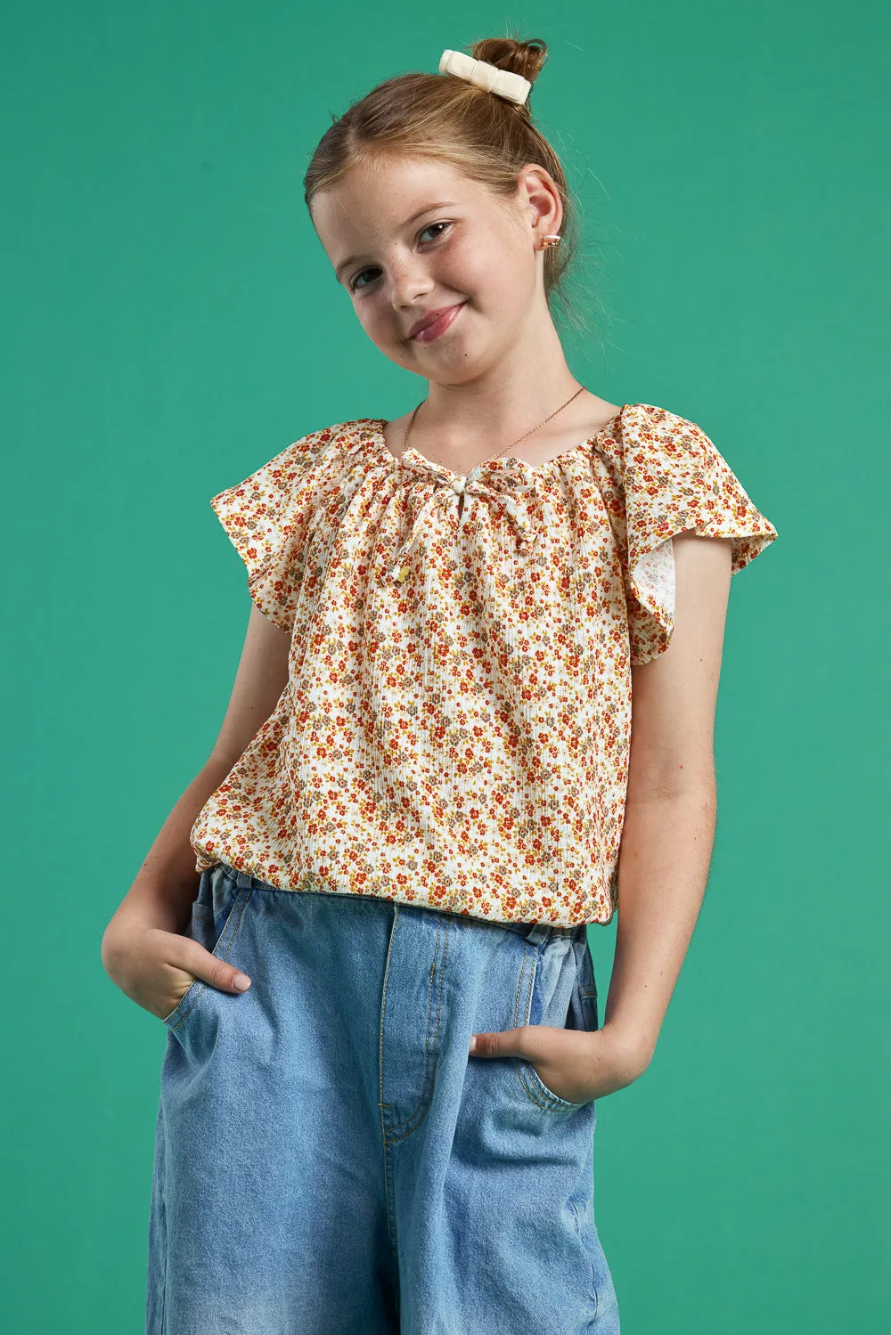 Kids Ivory Yellow Short Sleeve Knit Top