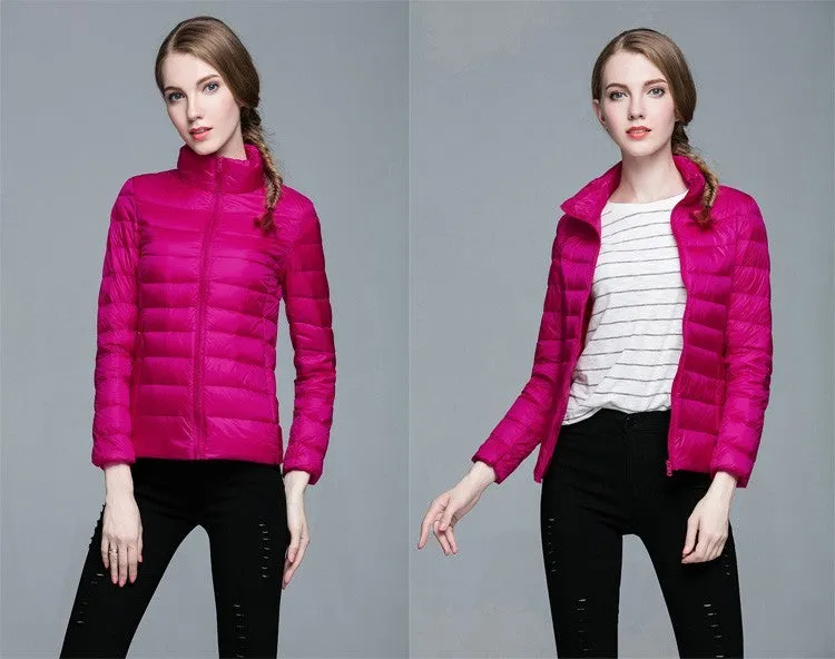 Ladies Stand Collar Duck Down Ultra Light Slim Long Sleeve Parka Puffer Jacket