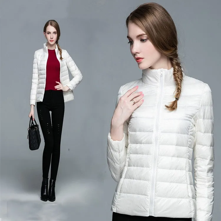 Ladies Stand Collar Duck Down Ultra Light Slim Long Sleeve Parka Puffer Jacket