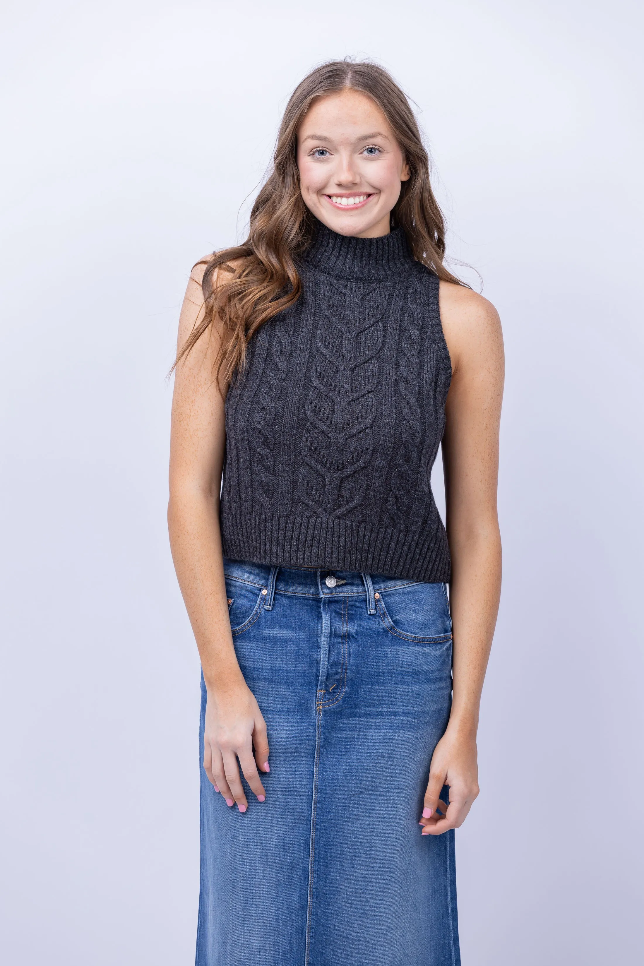 L'AGENCE Bellini Cable Turtleneck Tank in Charcoal