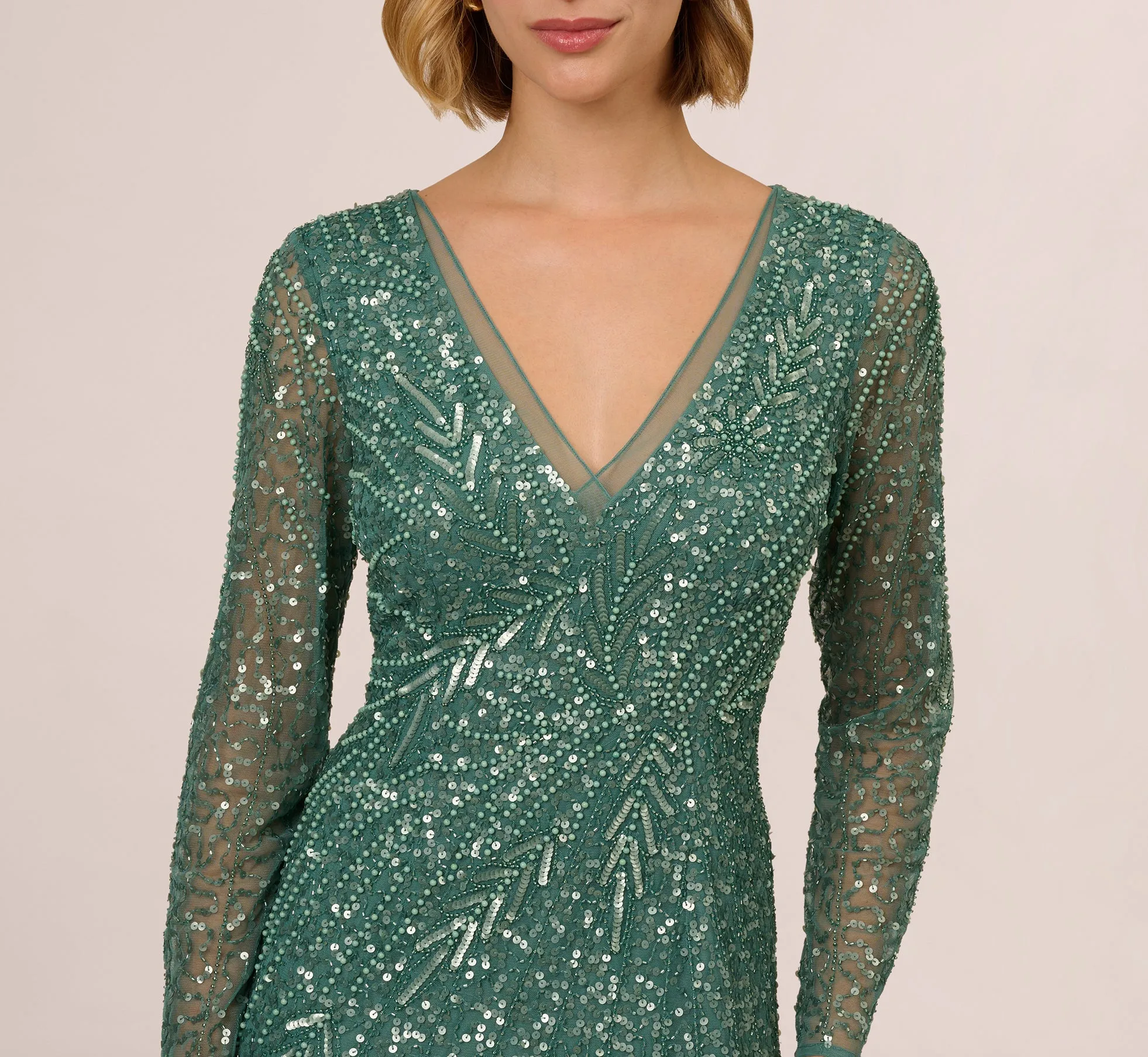 Long Sleeve Beaded Full Length Dress In Green Slate