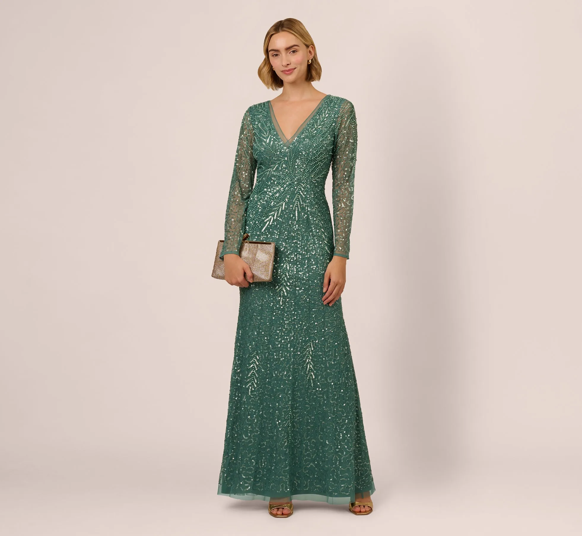 Long Sleeve Beaded Full Length Dress In Green Slate