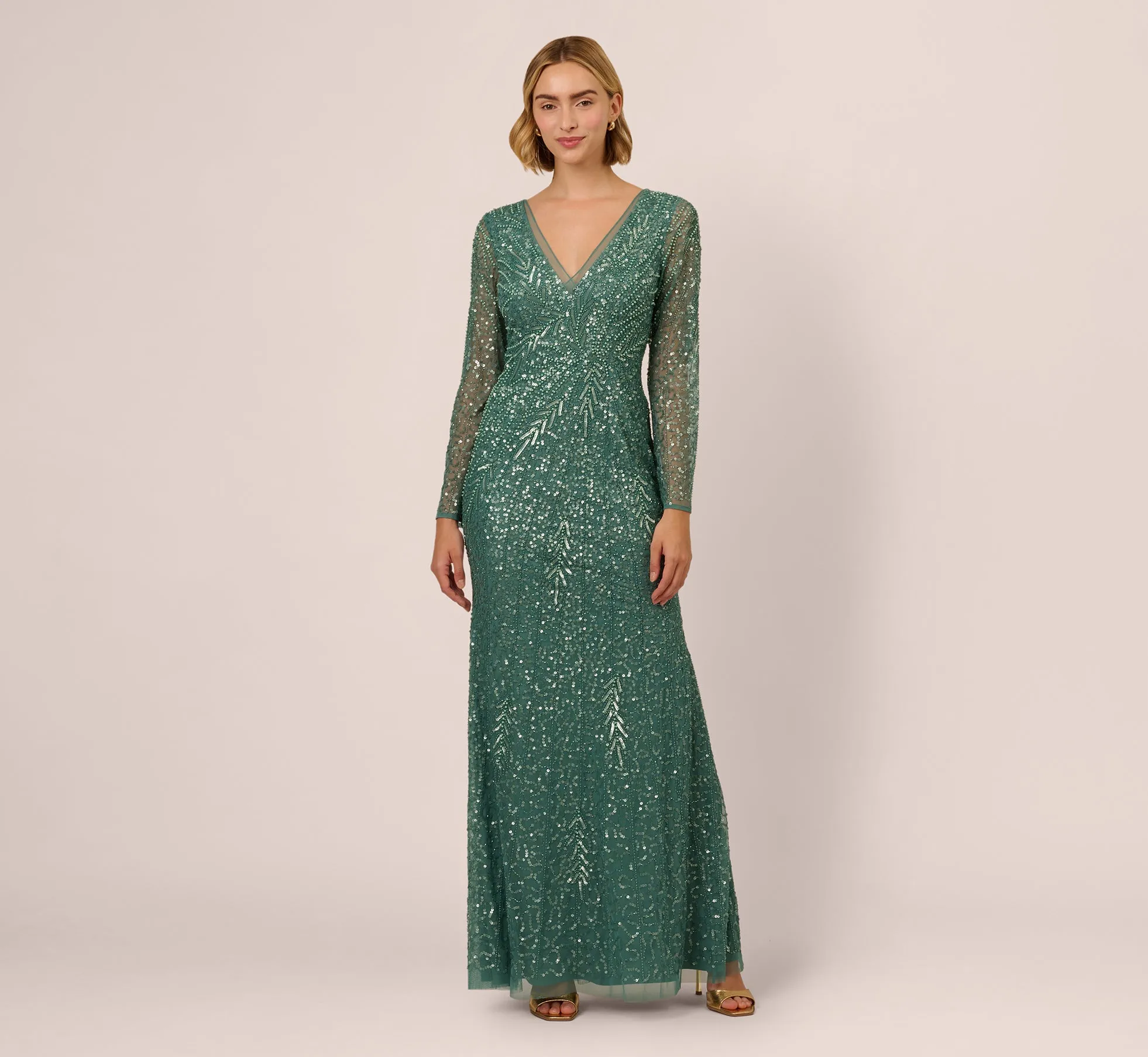 Long Sleeve Beaded Full Length Dress In Green Slate