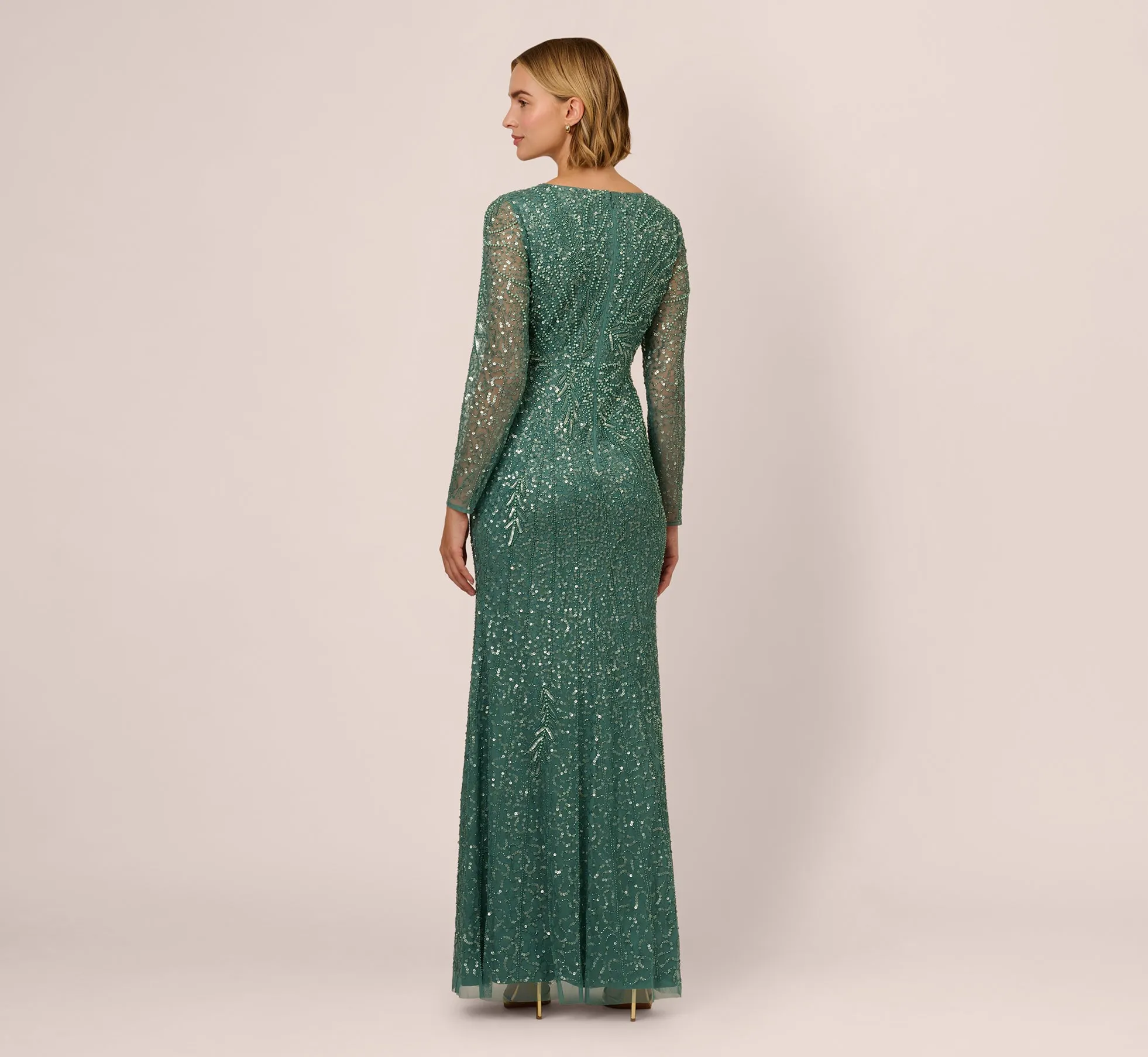 Long Sleeve Beaded Full Length Dress In Green Slate