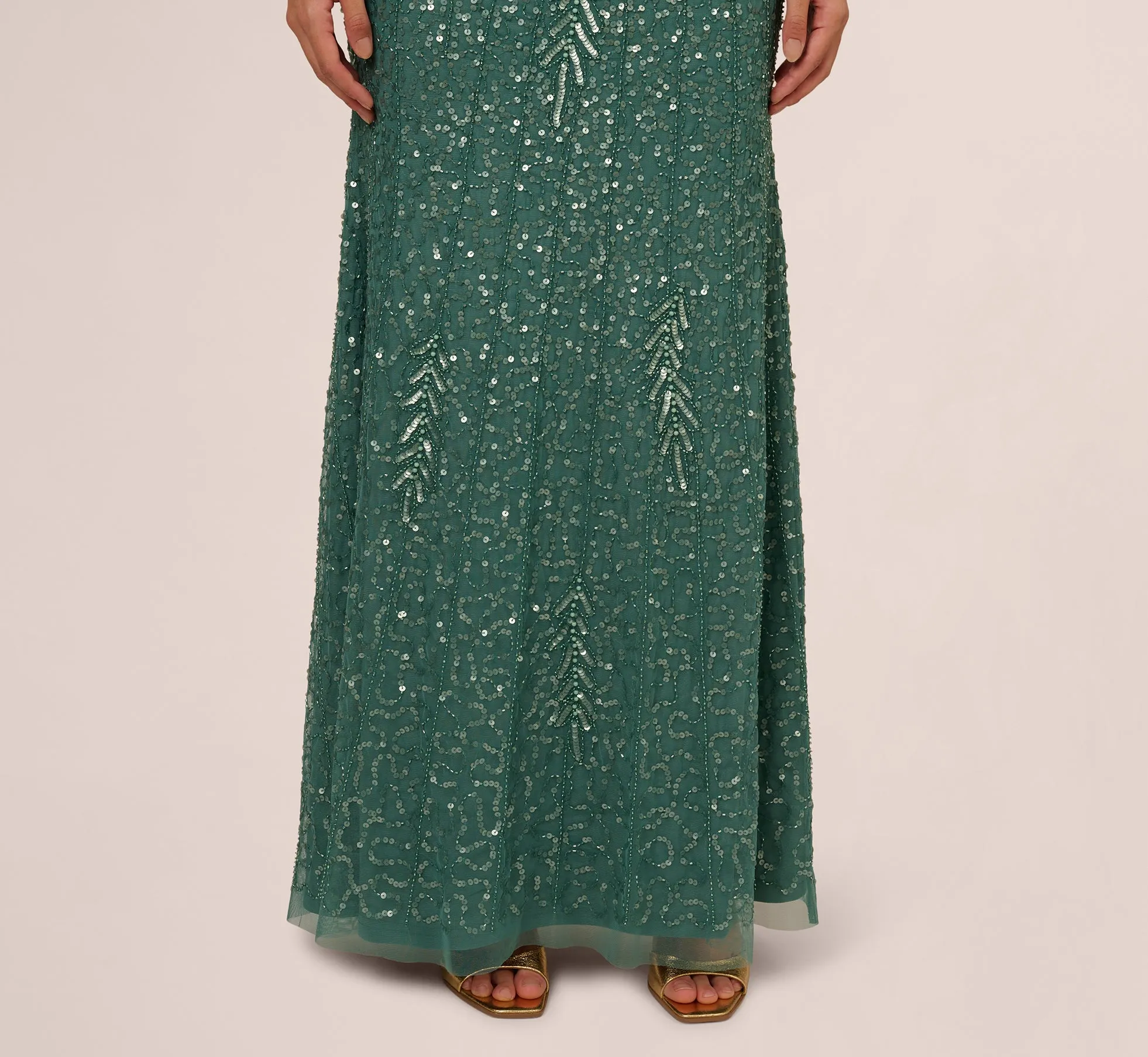 Long Sleeve Beaded Full Length Dress In Green Slate