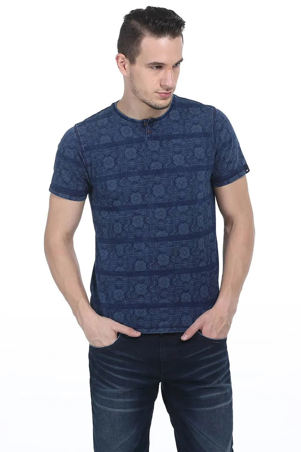 Muscle Fit Henley Printed T Shirt