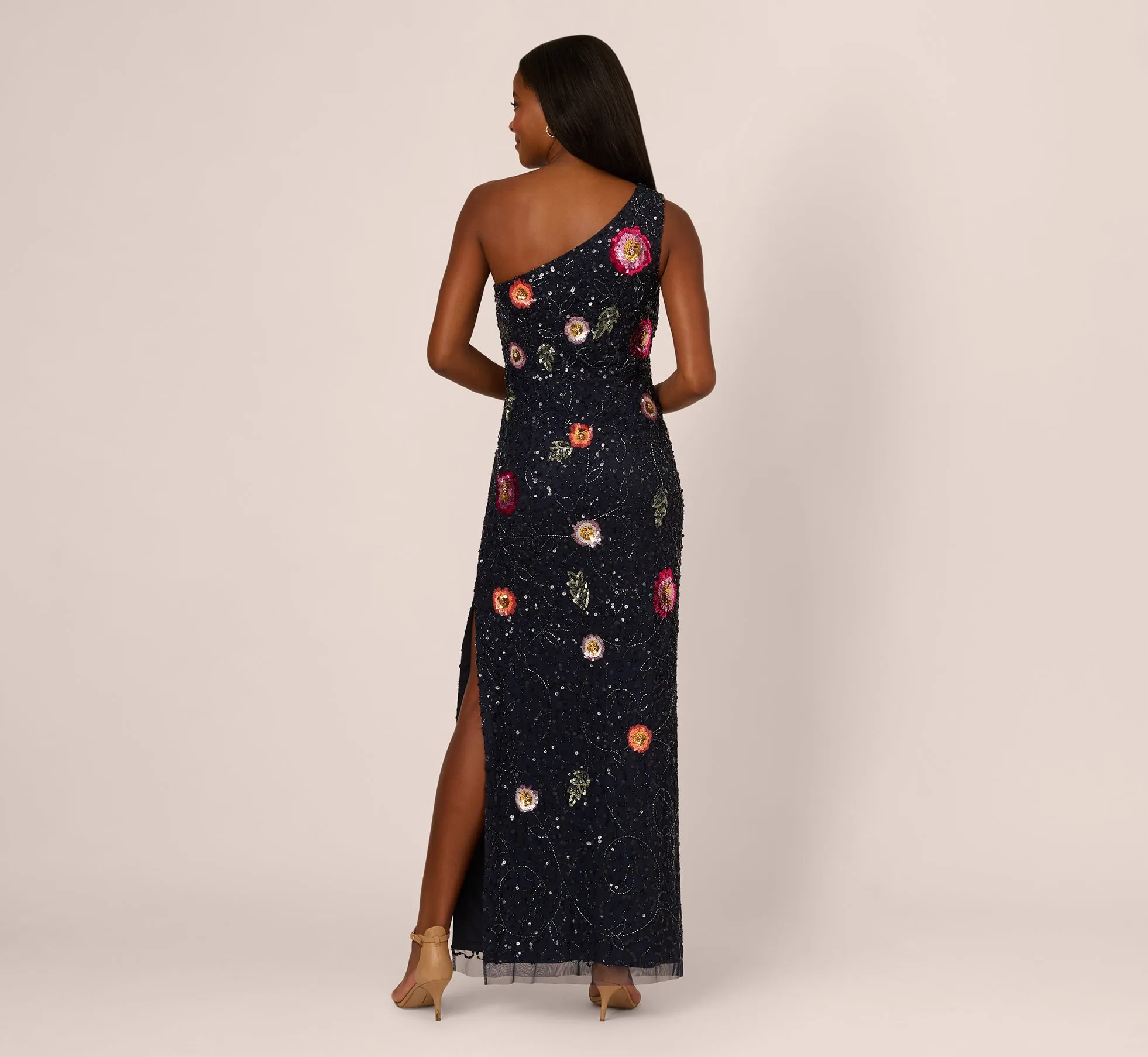 One Shoulder Floral Bead Dress In Navy Multi