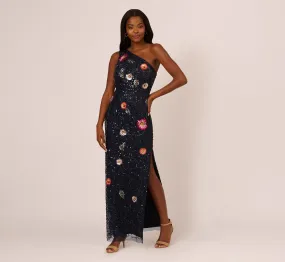 One Shoulder Floral Bead Dress In Navy Multi