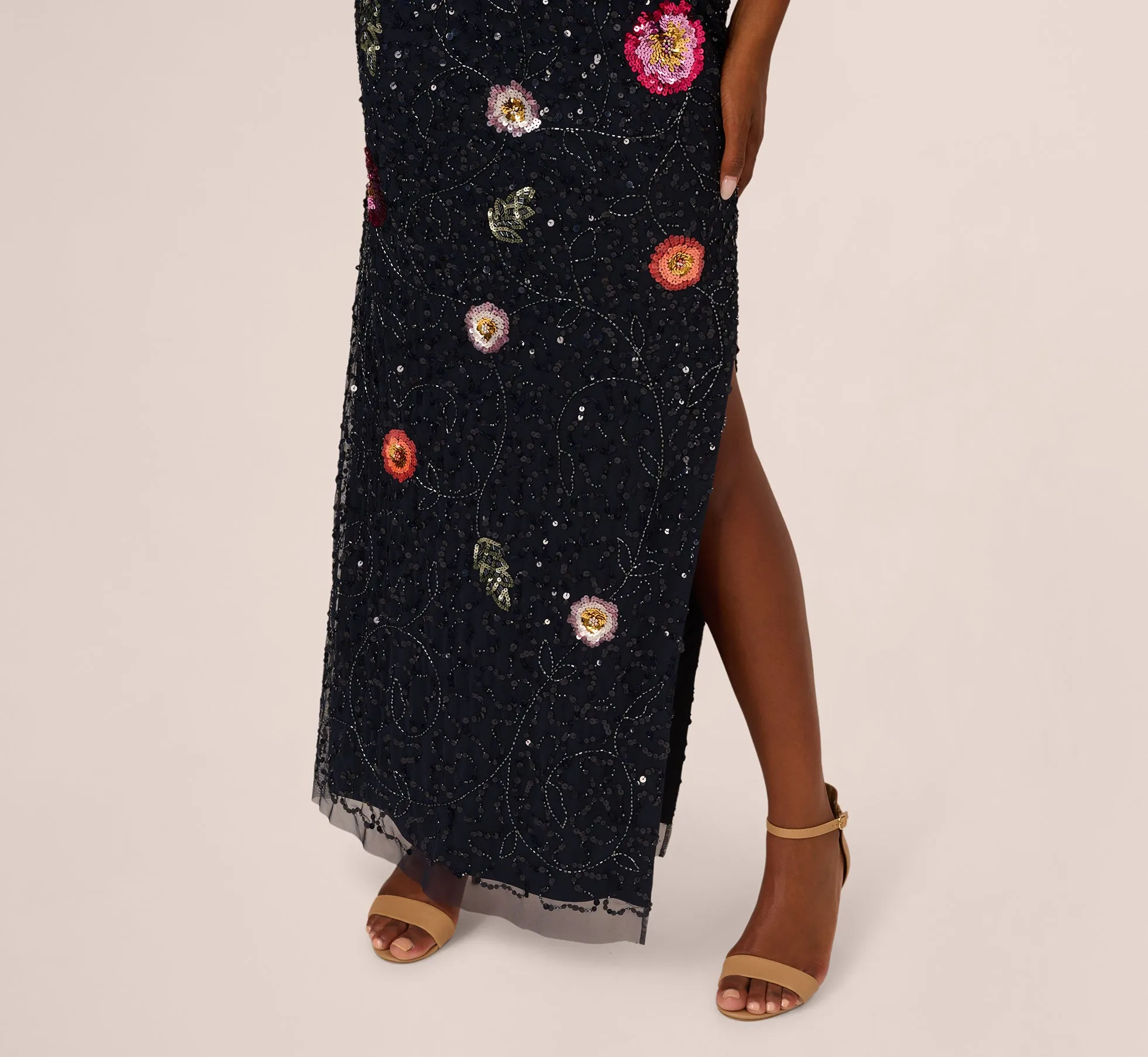 One Shoulder Floral Bead Dress In Navy Multi