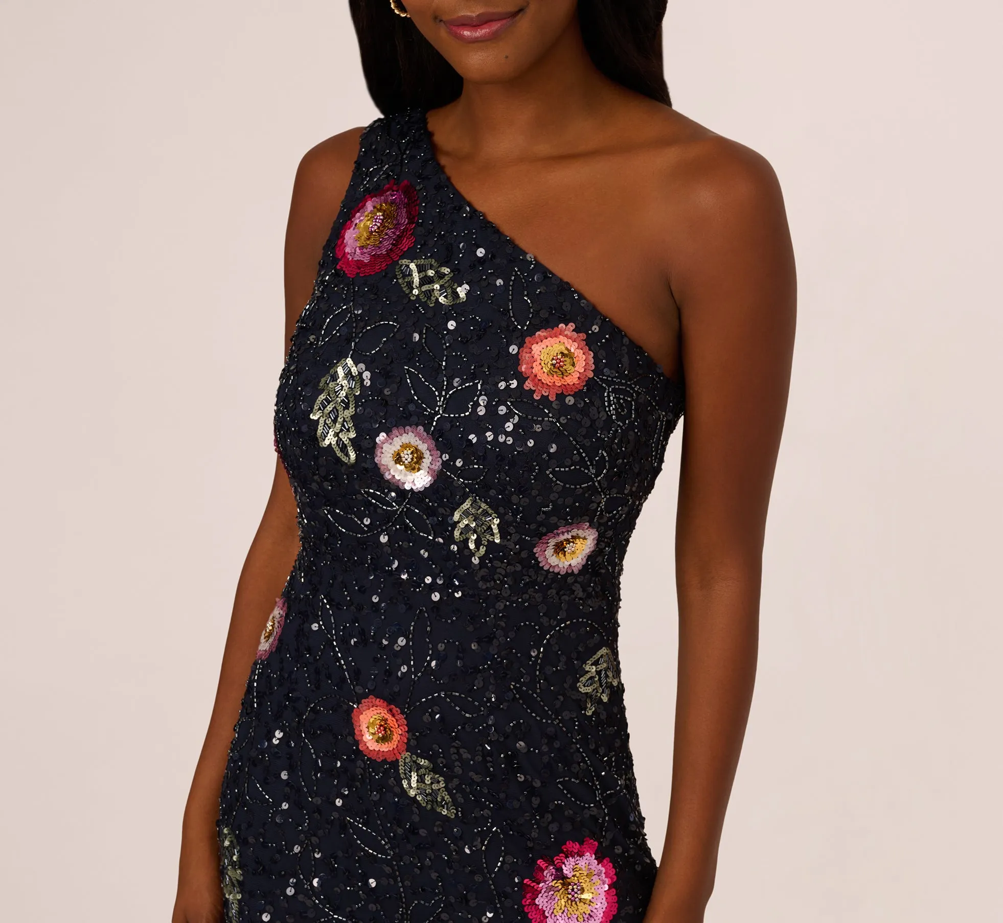 One Shoulder Floral Bead Dress In Navy Multi