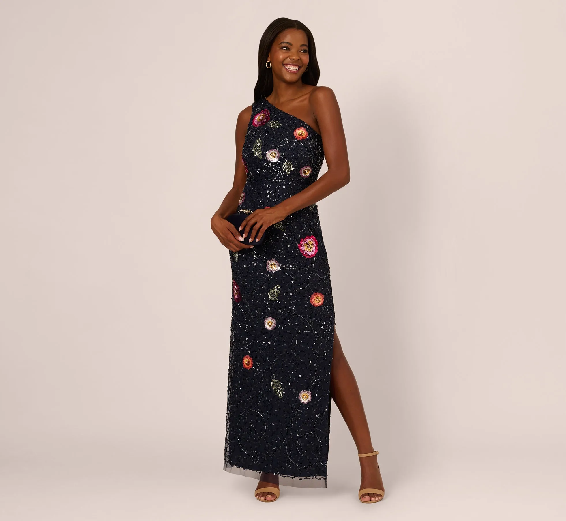 One Shoulder Floral Bead Dress In Navy Multi