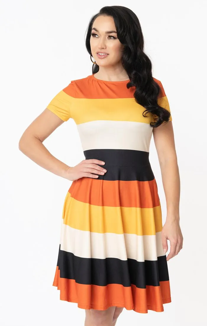 Orange Black Yellow And Ivory - "Candy Corn" Fit & Flare Swing Dress