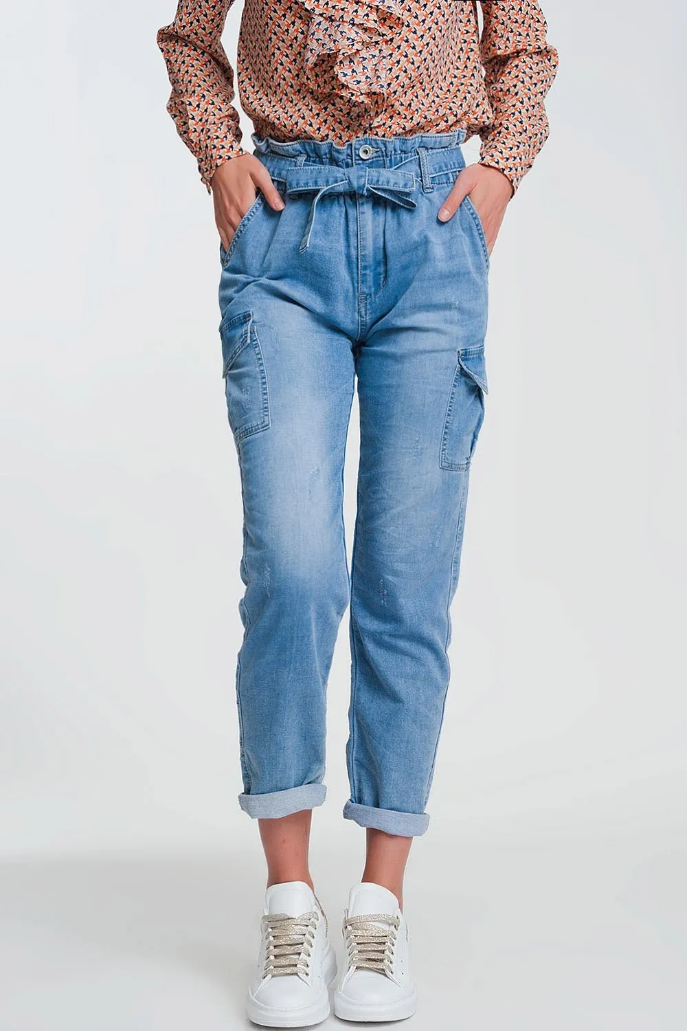 Paperbag Tie Waist Jeans in Light Blue