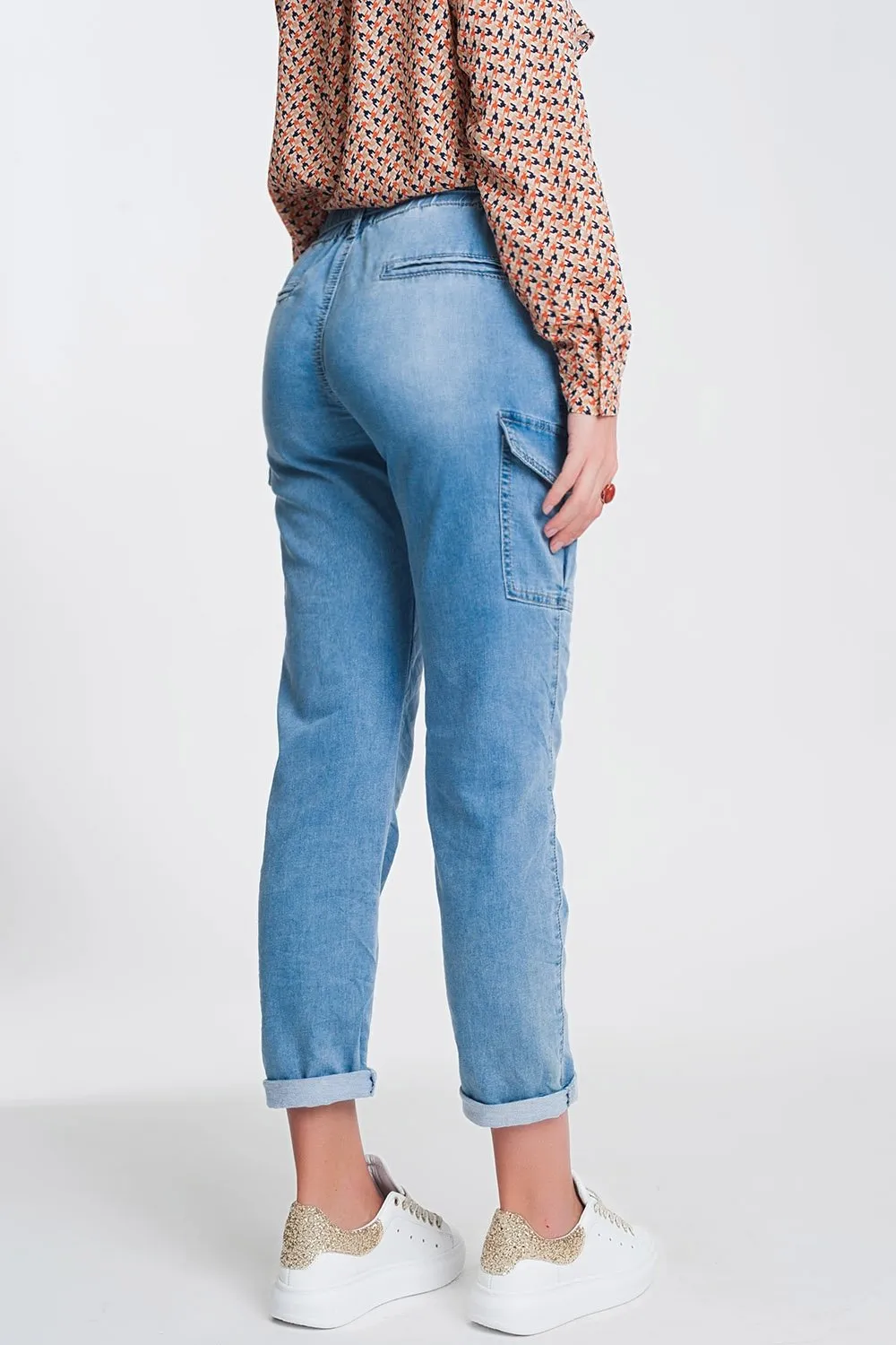 Paperbag Tie Waist Jeans in Light Blue