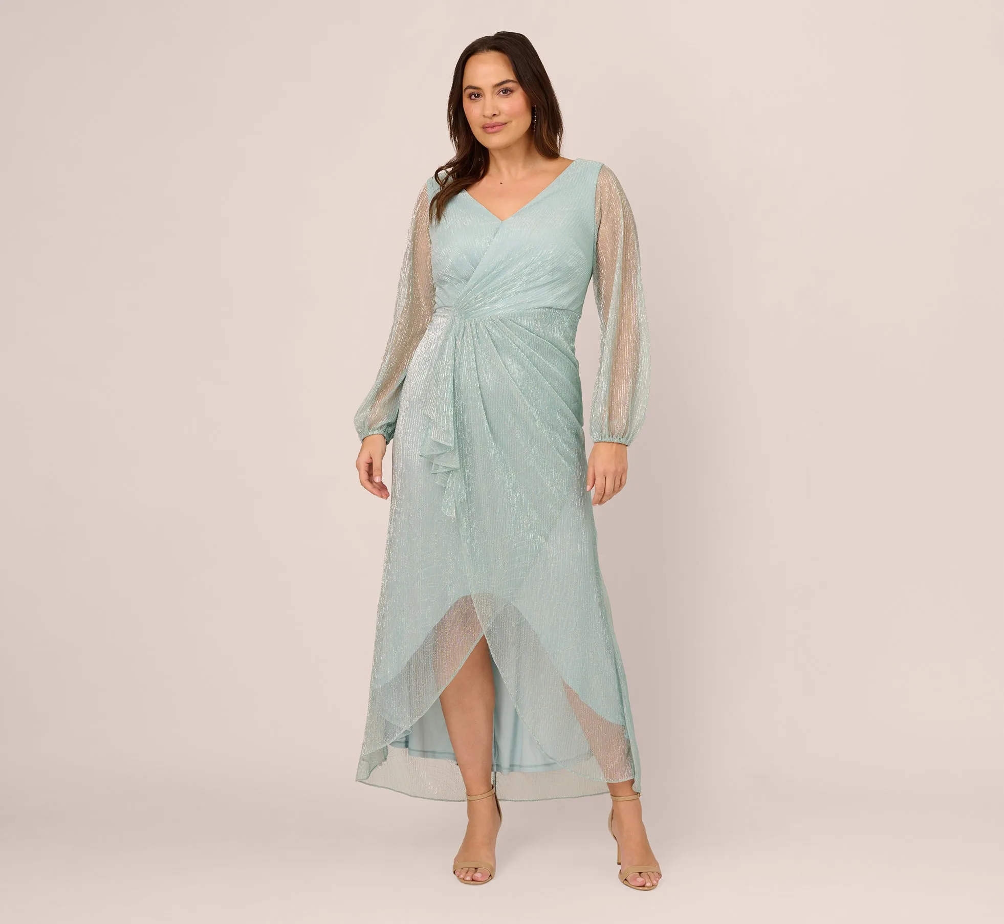 Plus Size Crinkle Metallic Gown With Sheer Bishop Sleeves And Draped Details In Mint Smoke