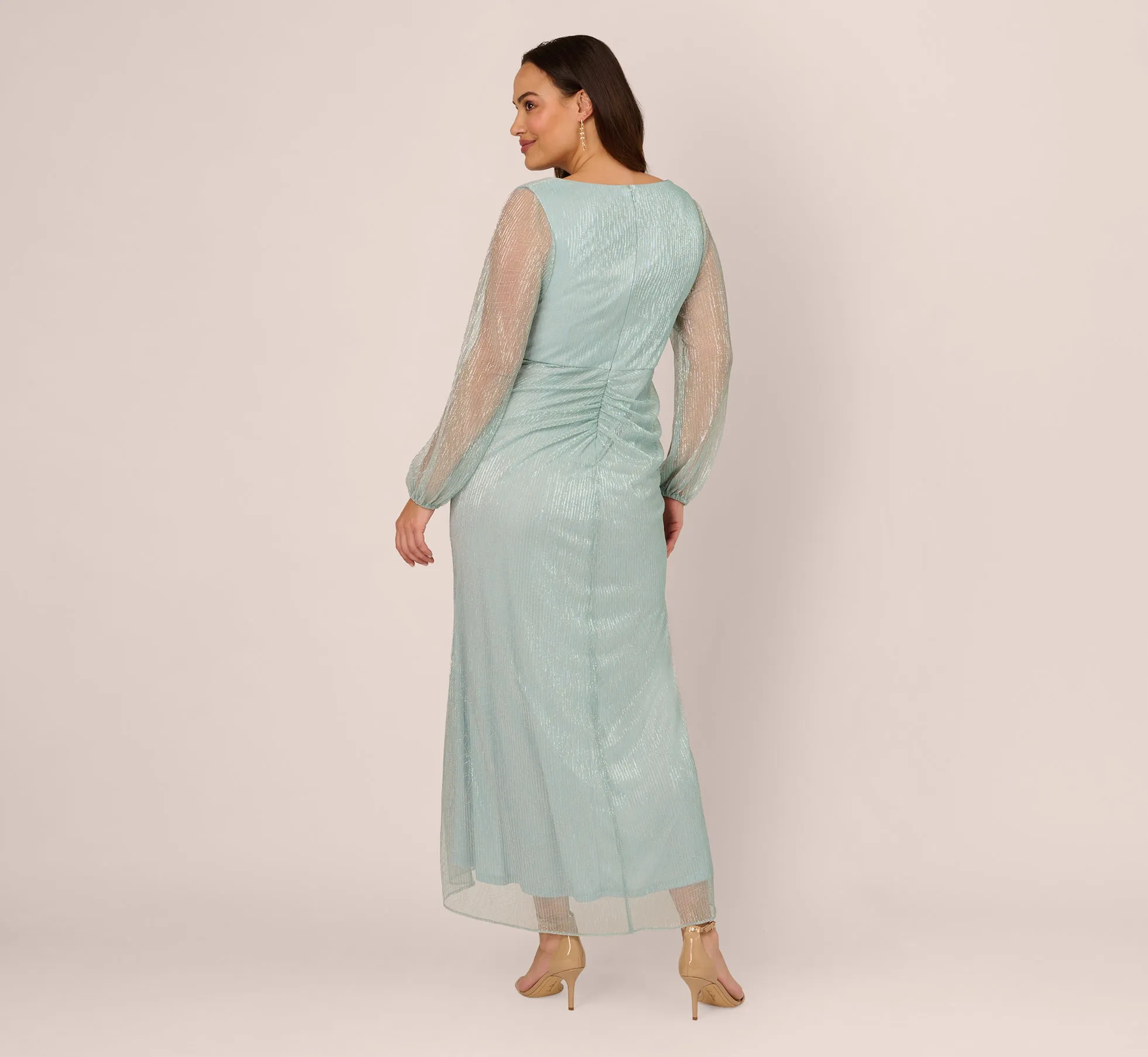 Plus Size Crinkle Metallic Gown With Sheer Bishop Sleeves And Draped Details In Mint Smoke