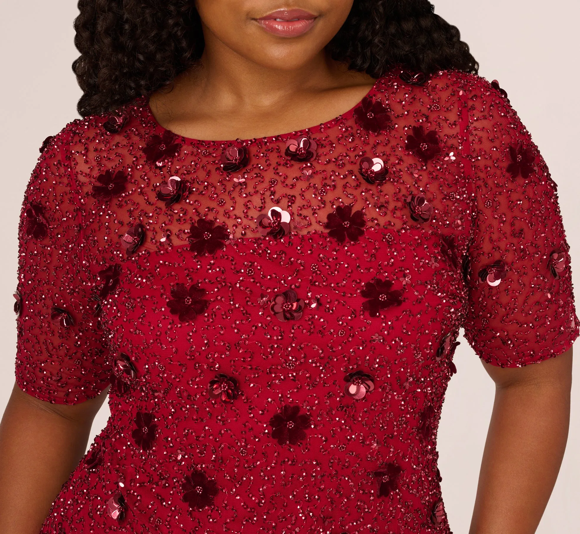 Plus Size Embellished Mesh Cocktail Dress In Cranberry