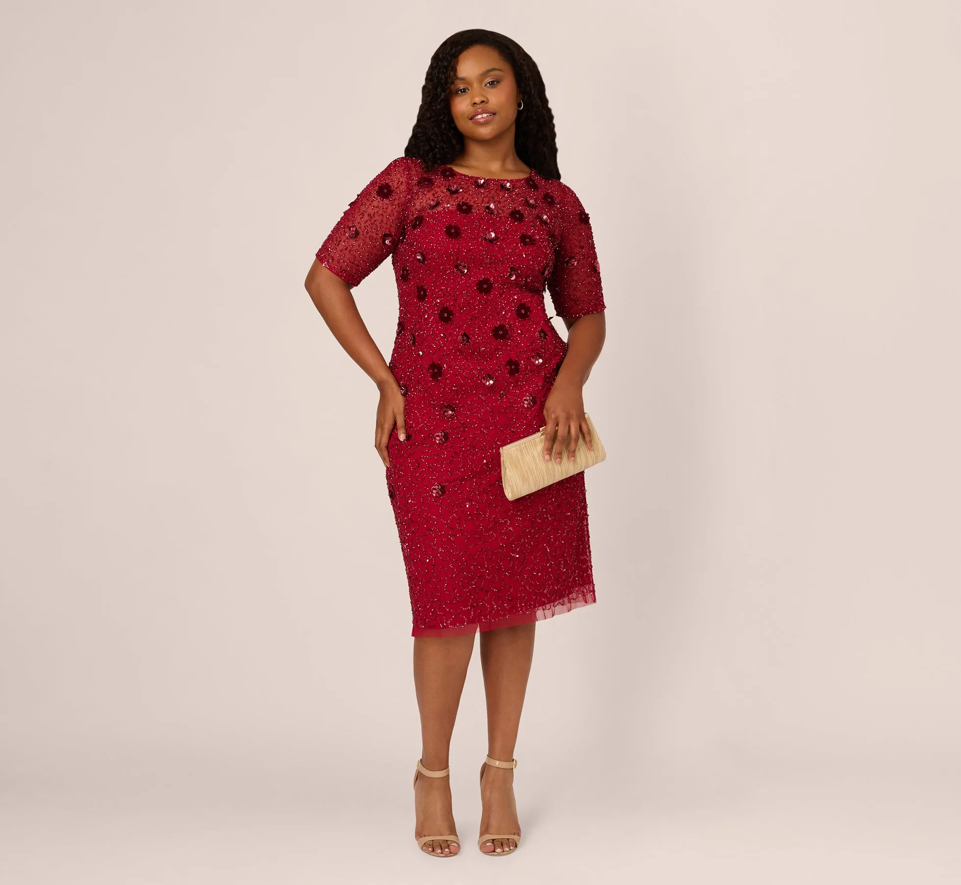 Plus Size Embellished Mesh Cocktail Dress In Cranberry