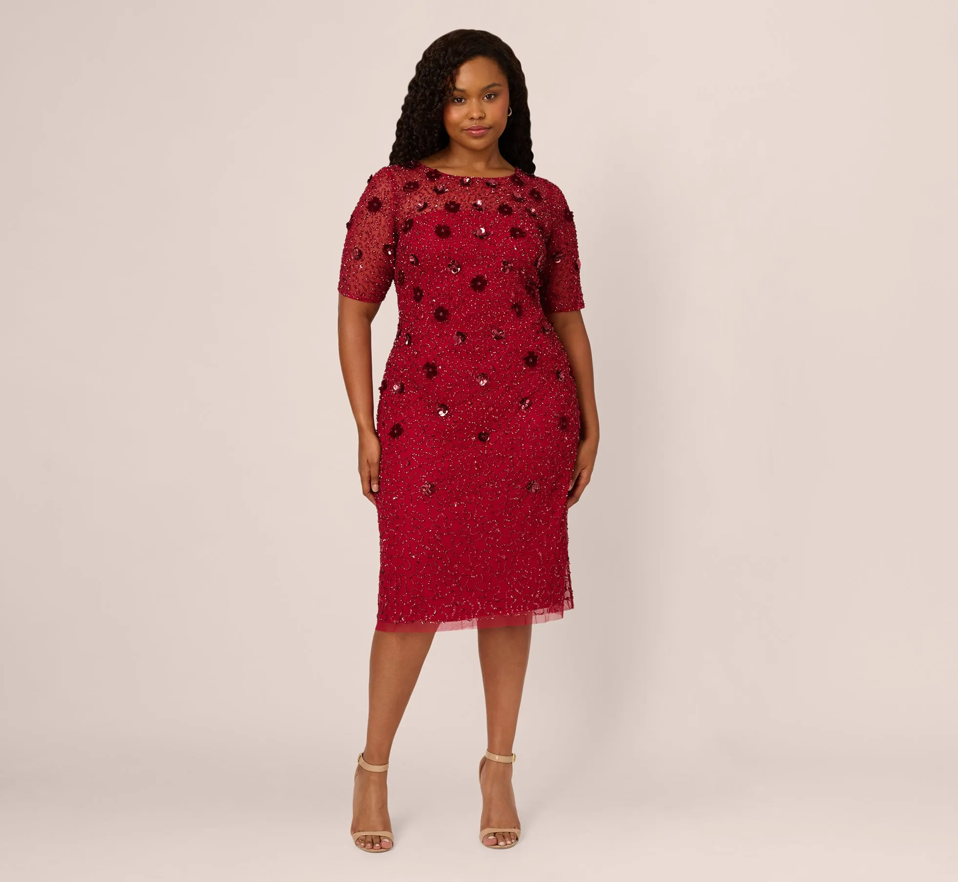 Plus Size Embellished Mesh Cocktail Dress In Cranberry