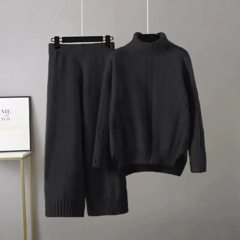 Pre Order:  Casual Thick Turtleneck Knit Sweater   Wide Leg Knit Pants