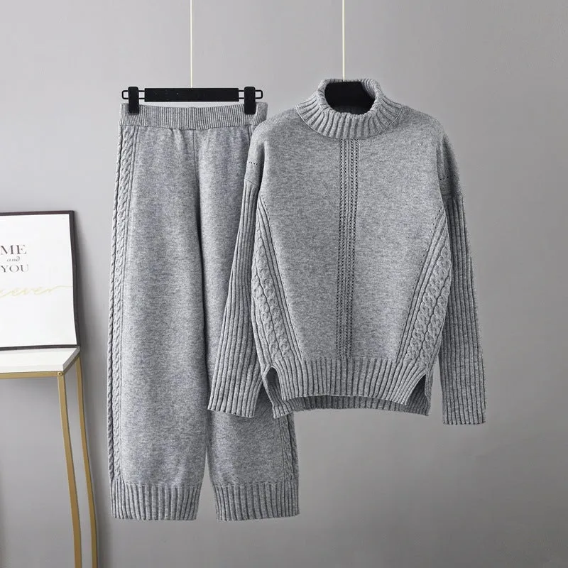 Pre Order:  Casual Thick Turtleneck Knit Sweater   Wide Leg Knit Pants