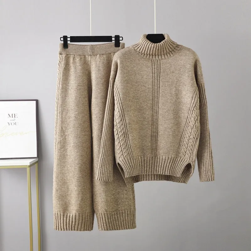 Pre Order:  Casual Thick Turtleneck Knit Sweater   Wide Leg Knit Pants