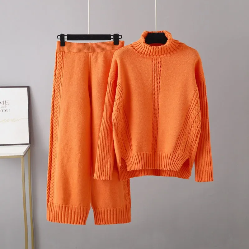 Pre Order:  Casual Thick Turtleneck Knit Sweater   Wide Leg Knit Pants