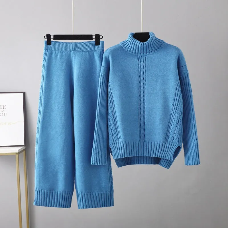 Pre Order:  Casual Thick Turtleneck Knit Sweater   Wide Leg Knit Pants