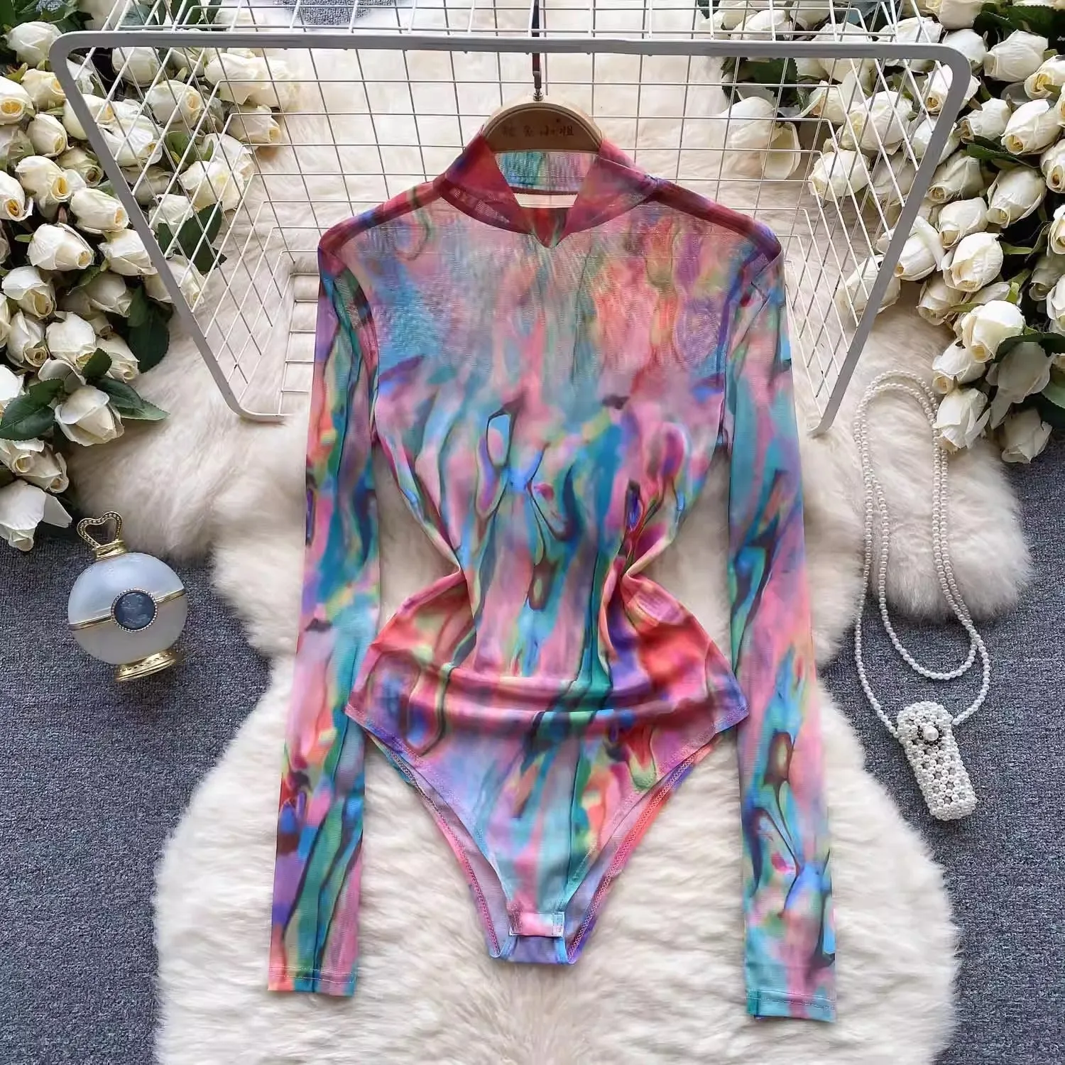 Pre Order:  Colorful Turtleneck Tight Mesh Jumpsuit