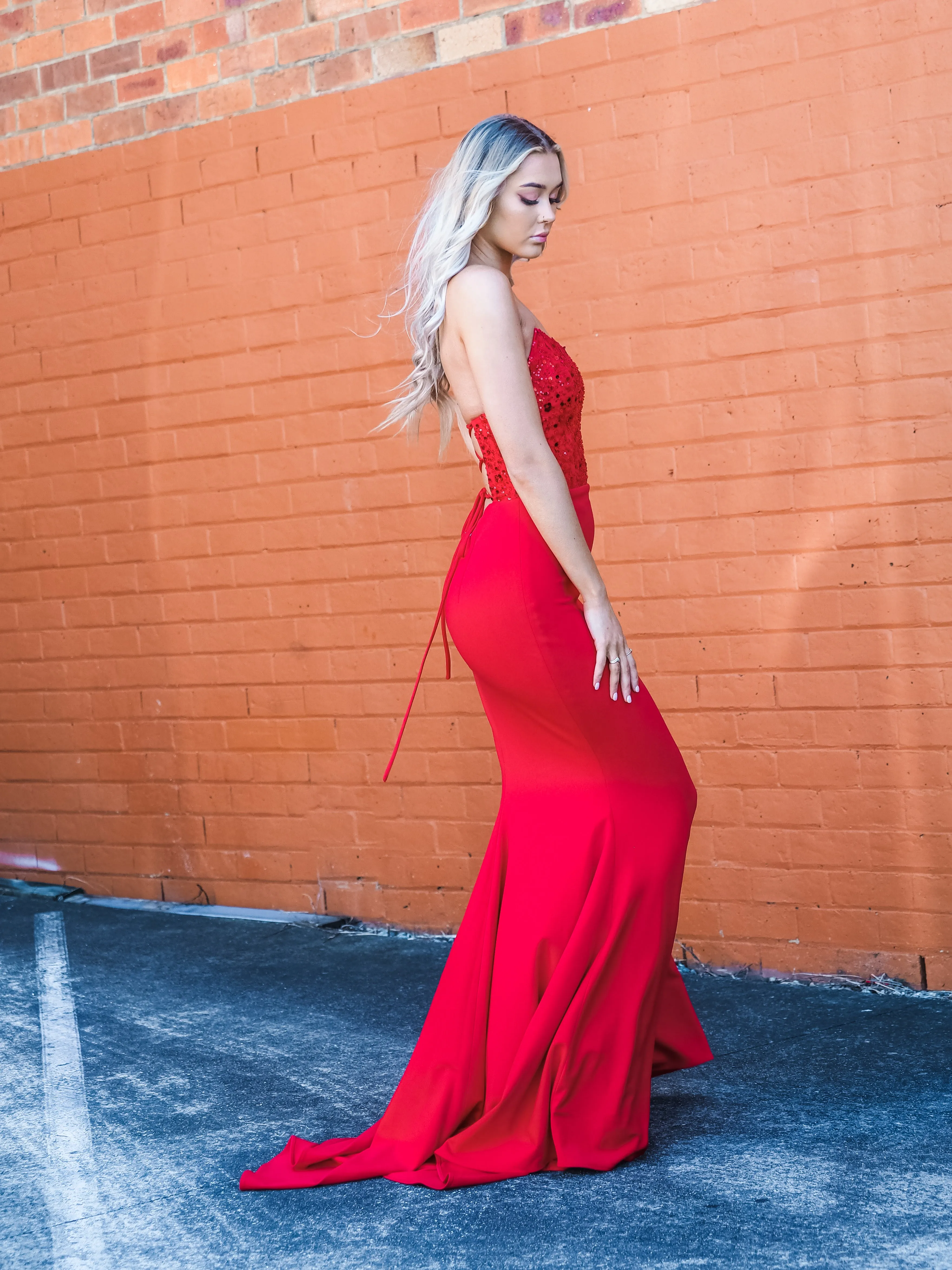 Red beaded lace V neck mermaid dress