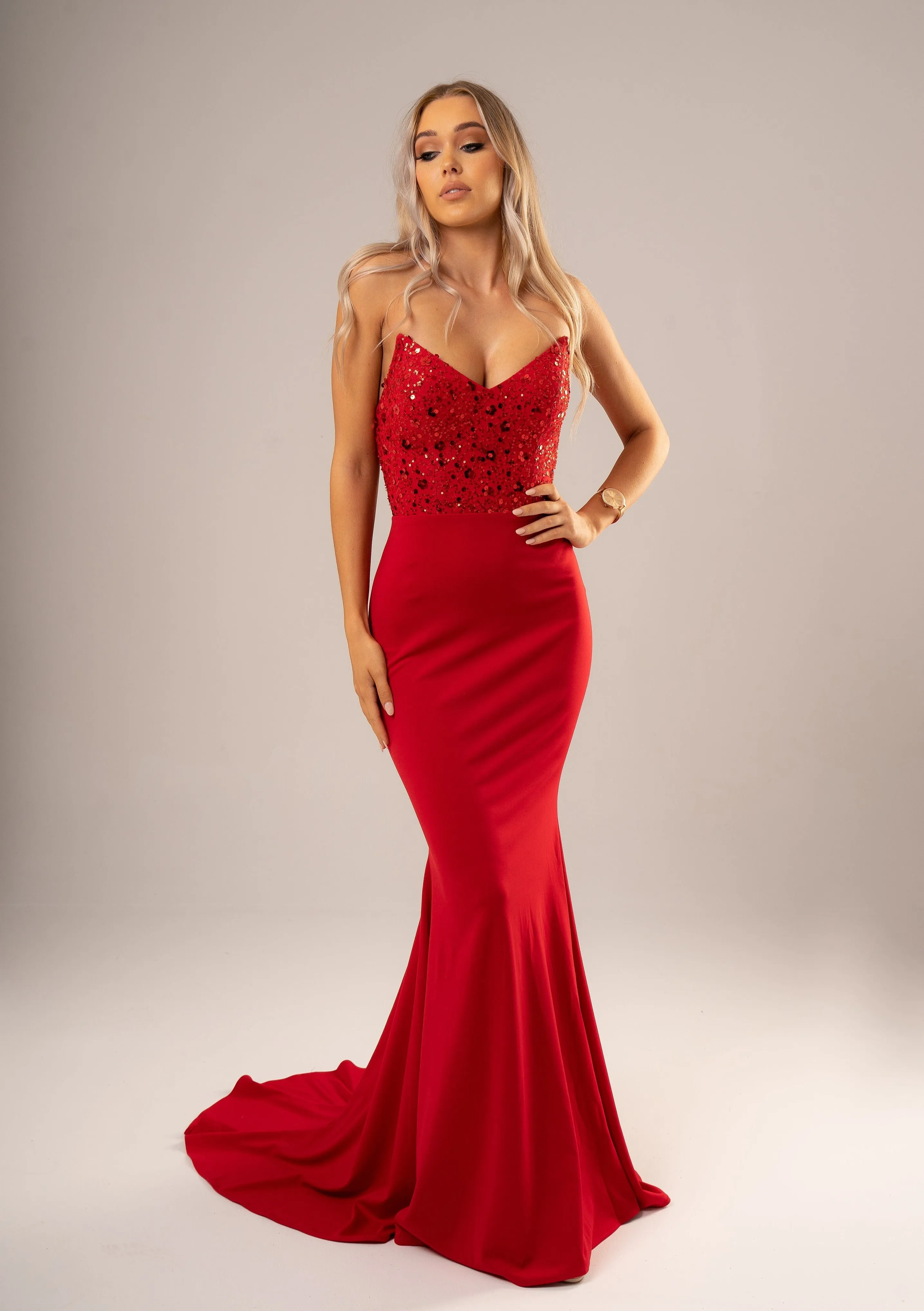 Red beaded lace V neck mermaid dress