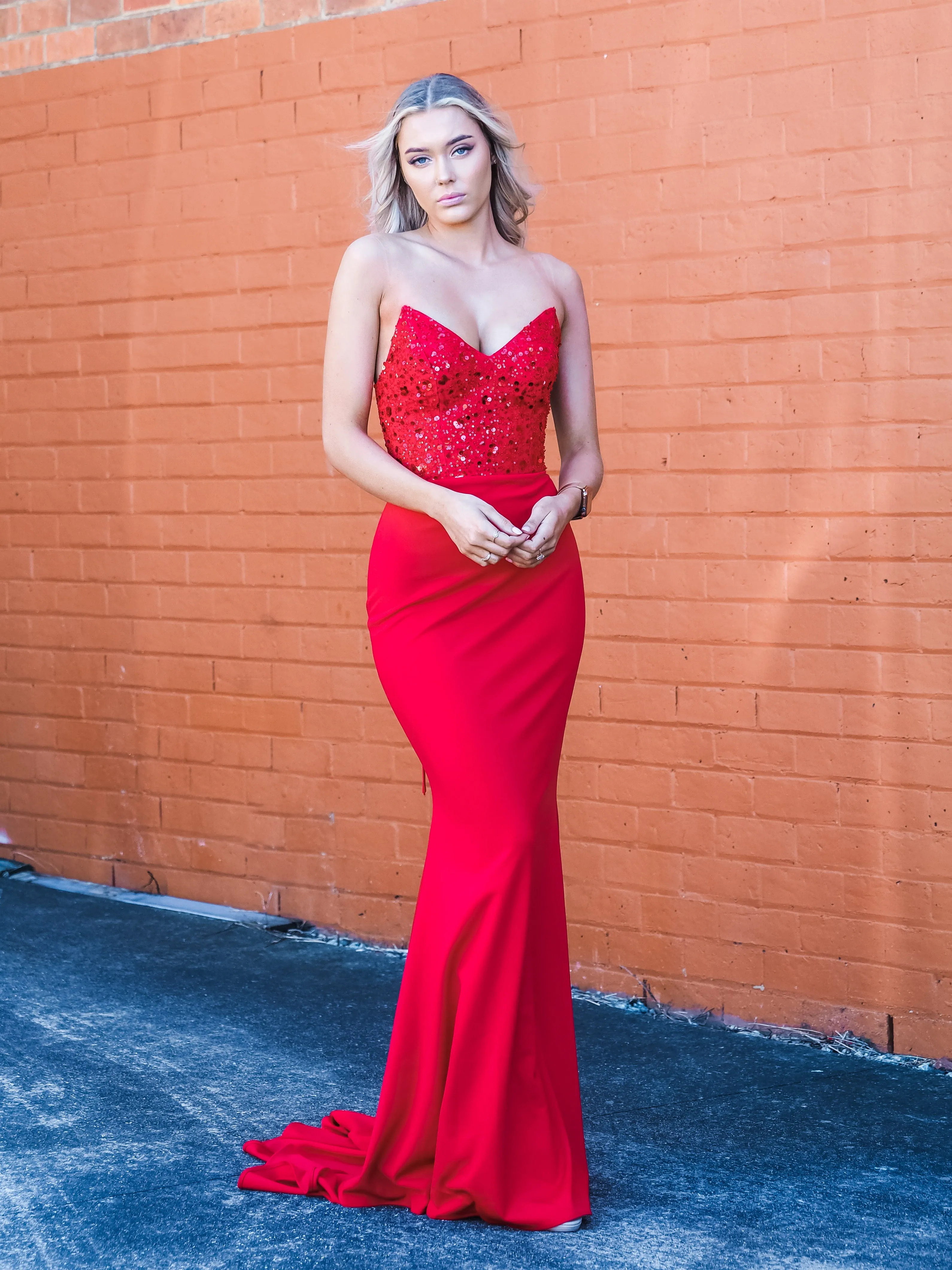 Red beaded lace V neck mermaid dress