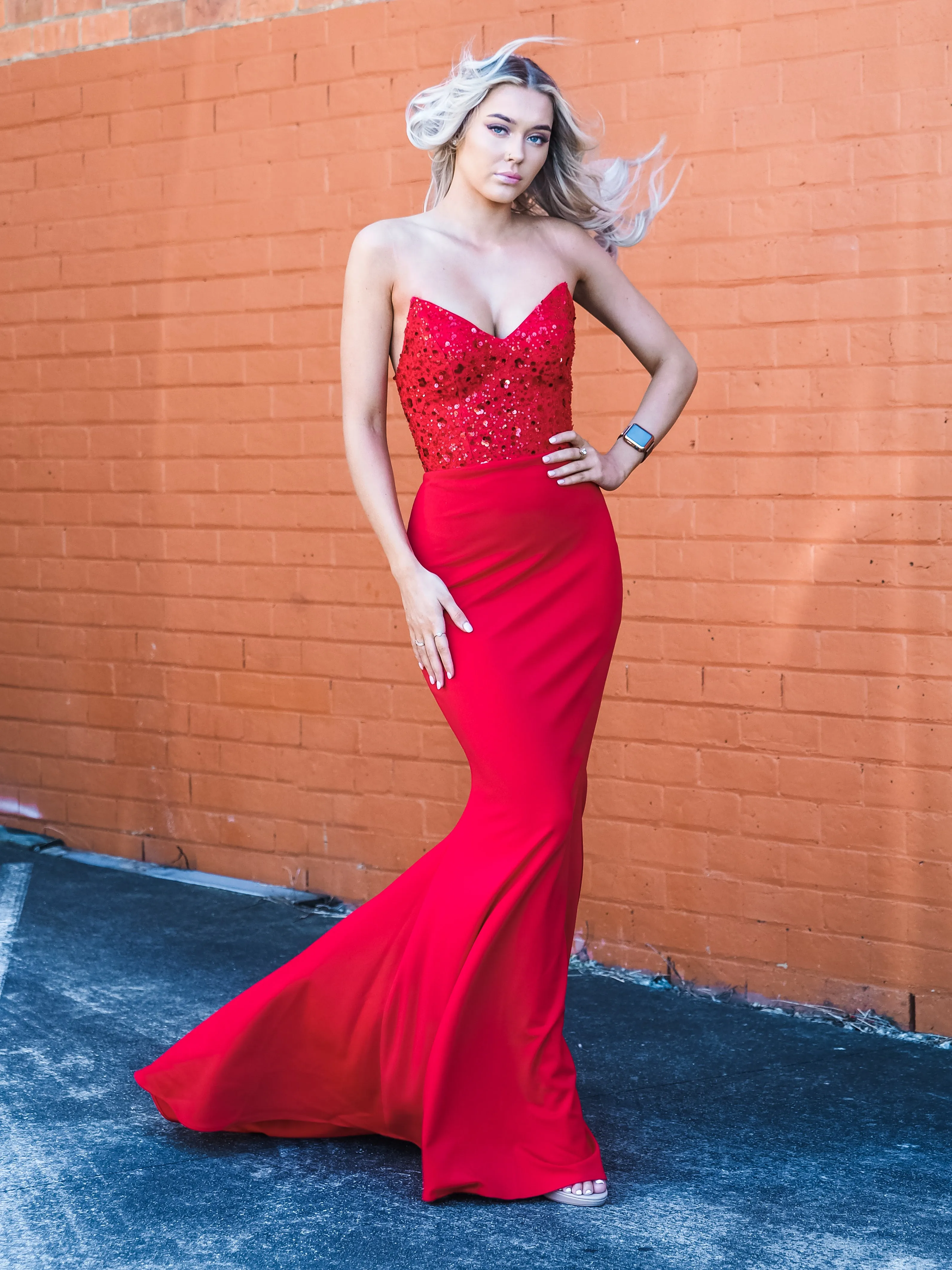 Red beaded lace V neck mermaid dress