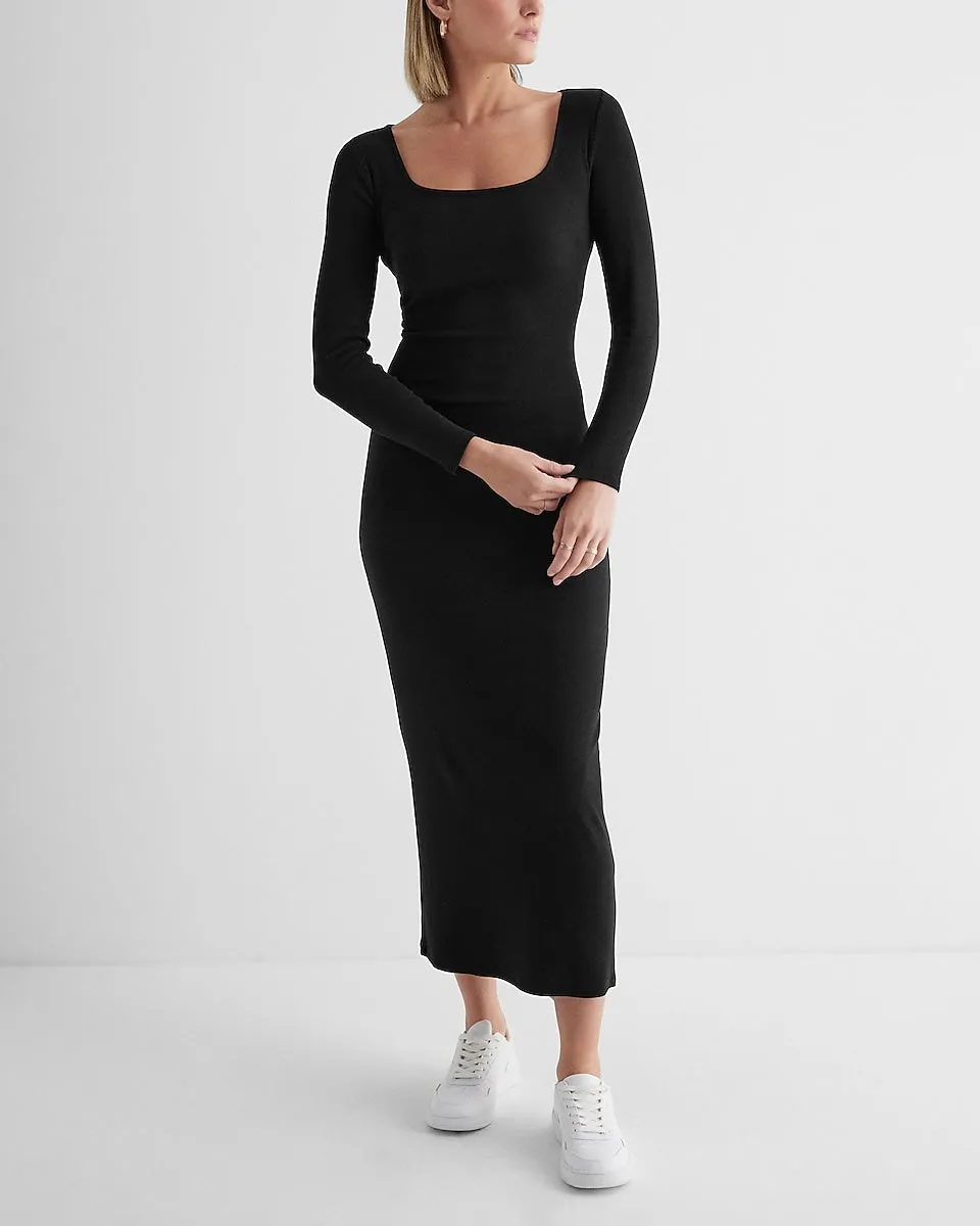 Ribbed Square Neck Long Sleeve Maxi Dress in Pitch Black