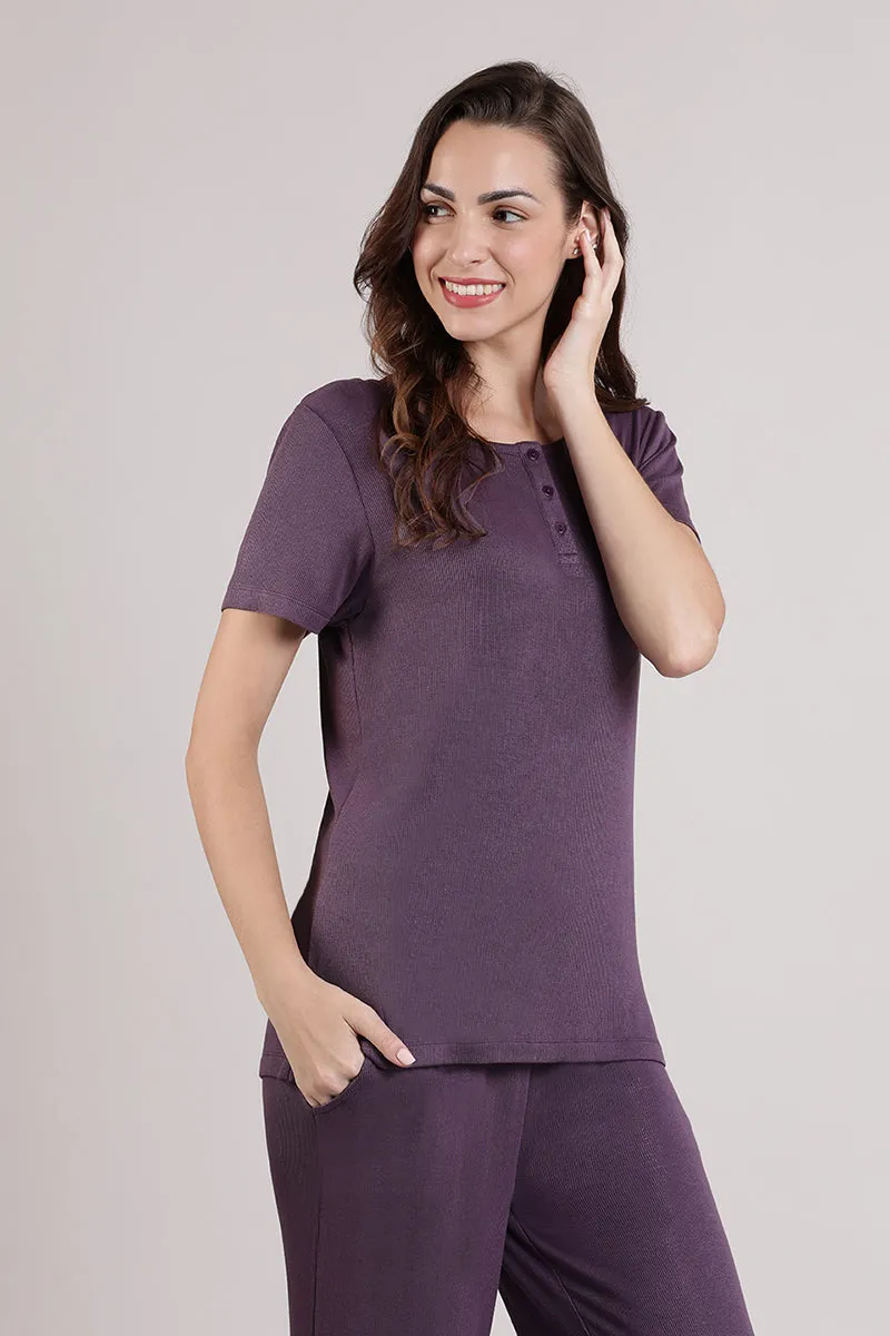 Serene Dream Henley Neck Tee - Vintage Violet