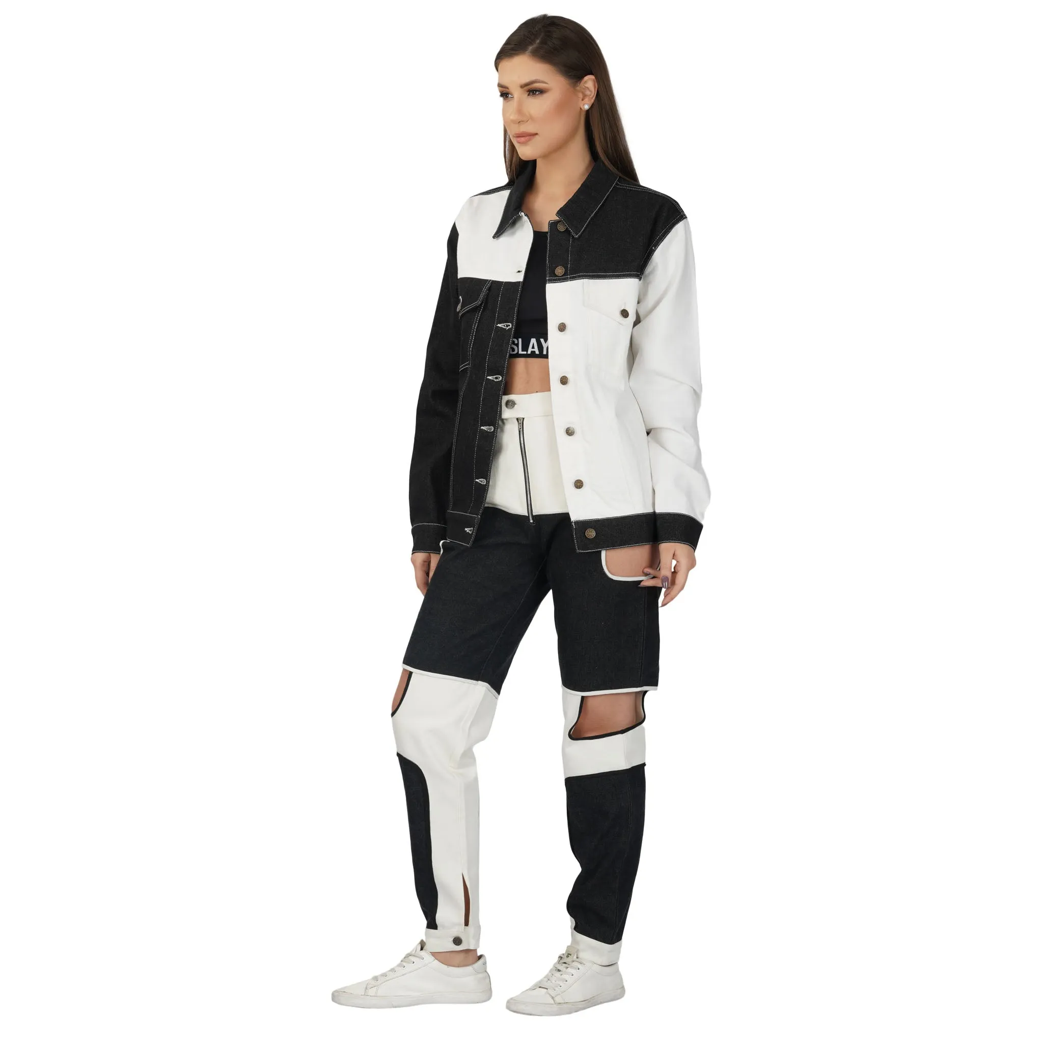 SLAY. Women's Black & White Colorblock Denim Jacket & Jeans Co-ord Set