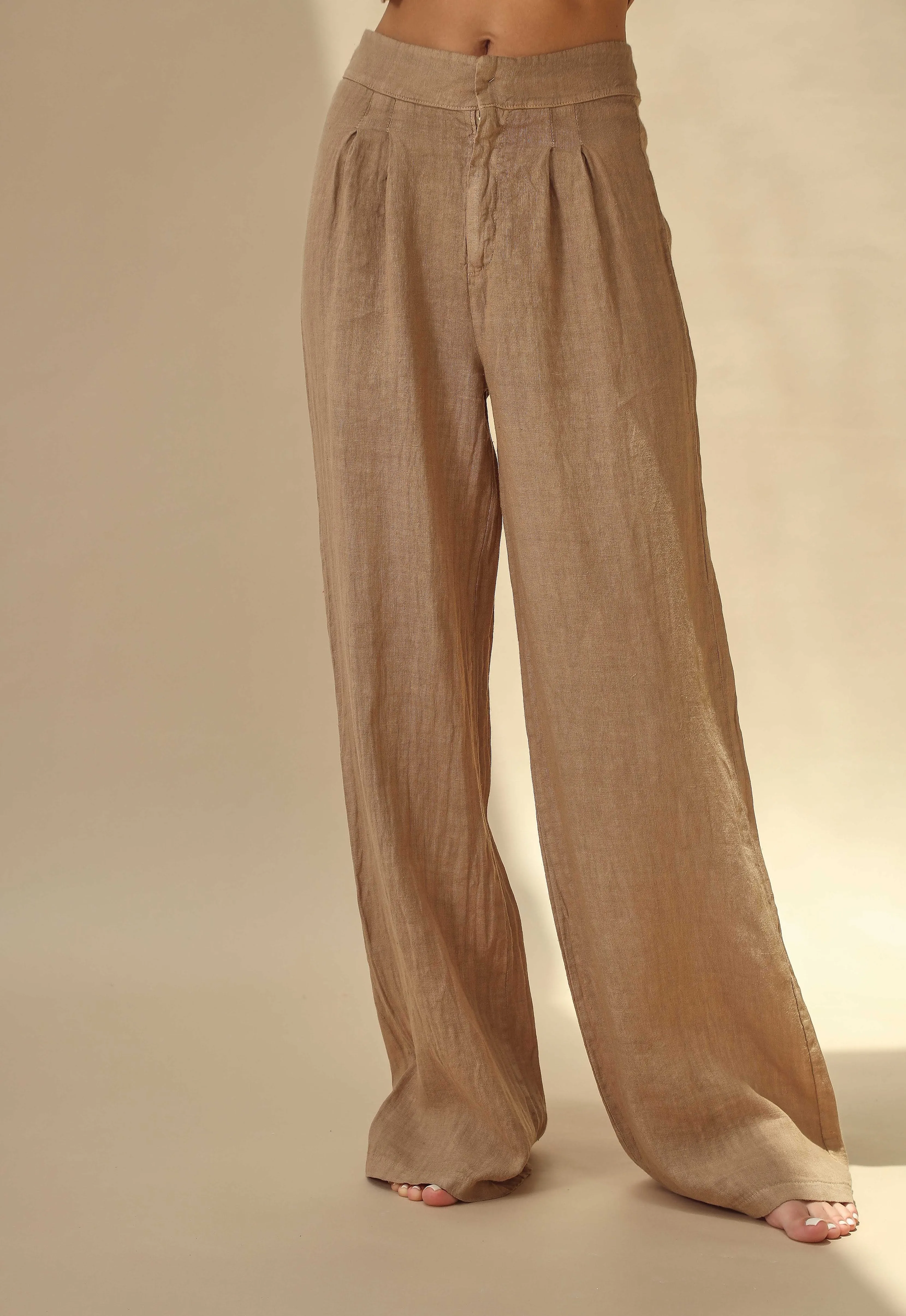 Sole Pure Linen Wide Leg Pants in Cammello