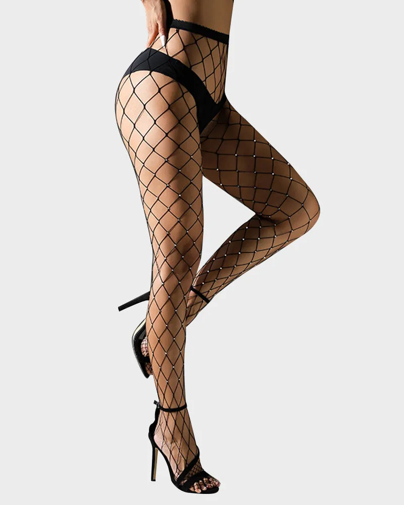 Sparkling Rhinestone Large Grid Fishnet Tights