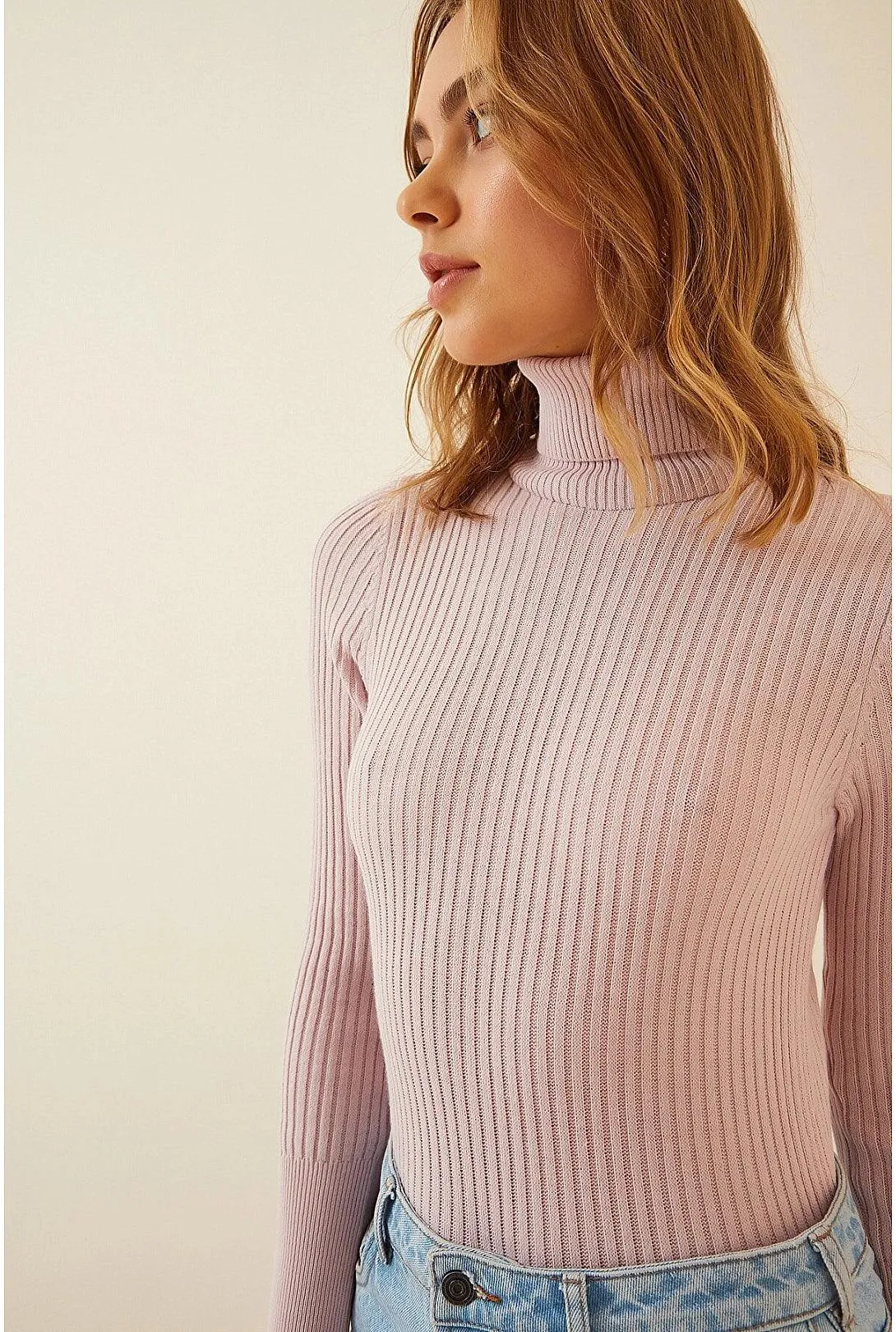 Spring Valley Pink Turtleneck Knitwear Sweater for Women | Elegant Powder Pink Sweater Top