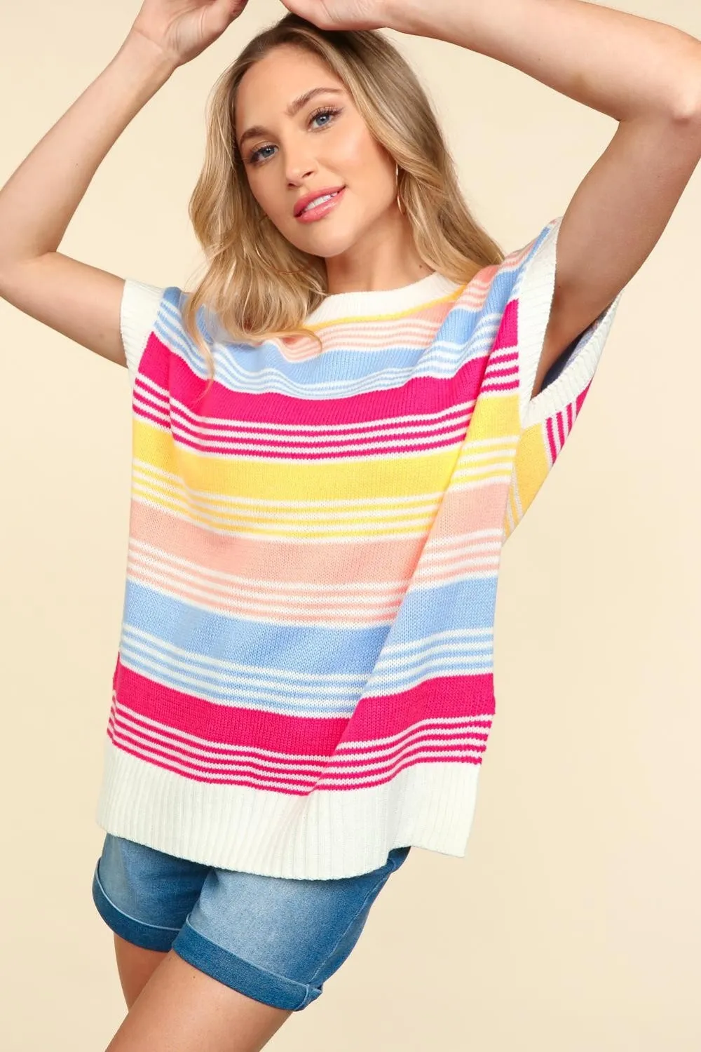 TEEK - Blue Fuchsia Yellow Striped Side Slit Knit Top