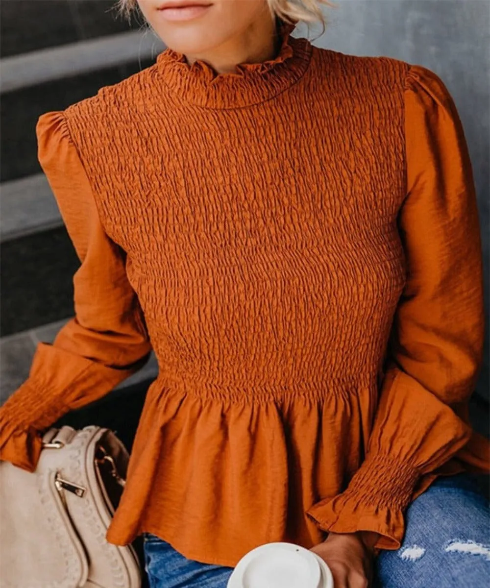 Turtleneck Flared Long Sleeve Ruffles Sweet Beauty Blouse