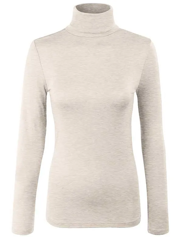 Turtleneck Long Sleeve Basic Solid Fitted Shirt with Stretch