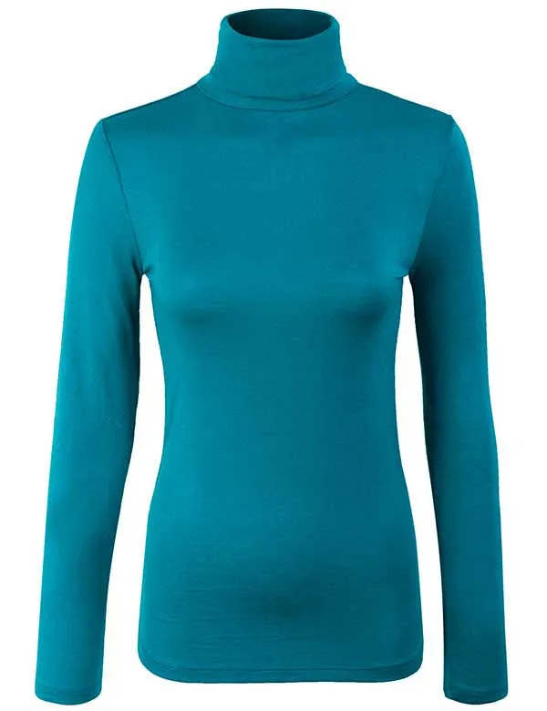 Turtleneck Long Sleeve Basic Solid Fitted Shirt with Stretch