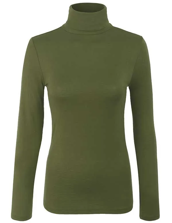 Turtleneck Long Sleeve Basic Solid Fitted Shirt with Stretch