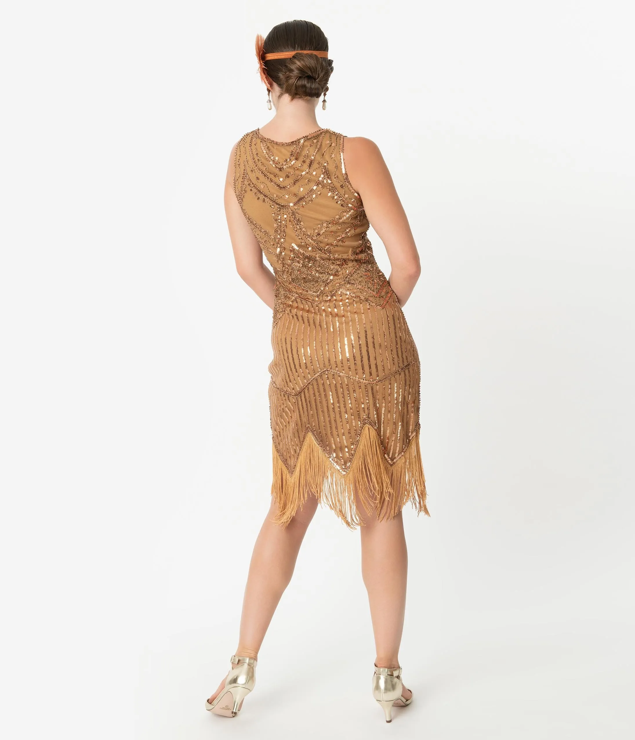 Unique Vintage 1920s Bronze Beaded Sequin Juliette Fringe Flapper Dress