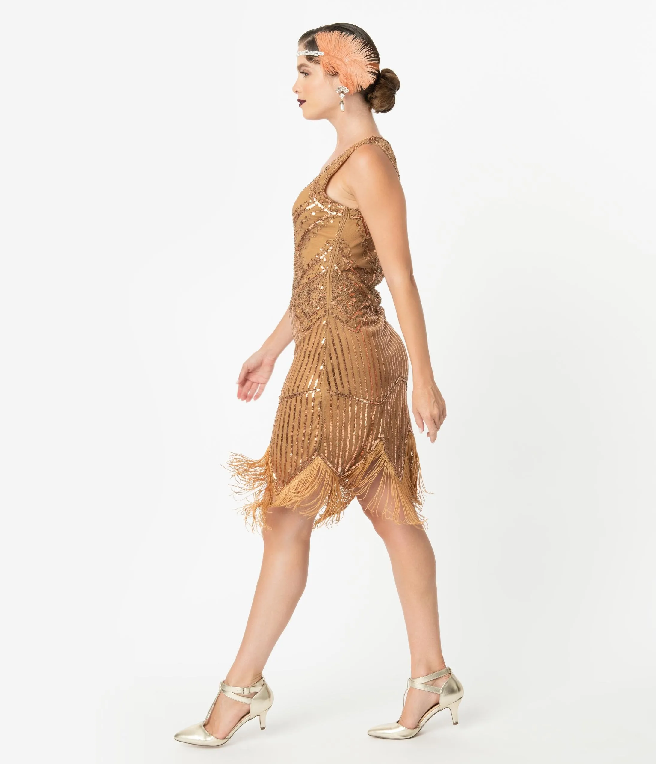 Unique Vintage 1920s Bronze Beaded Sequin Juliette Fringe Flapper Dress